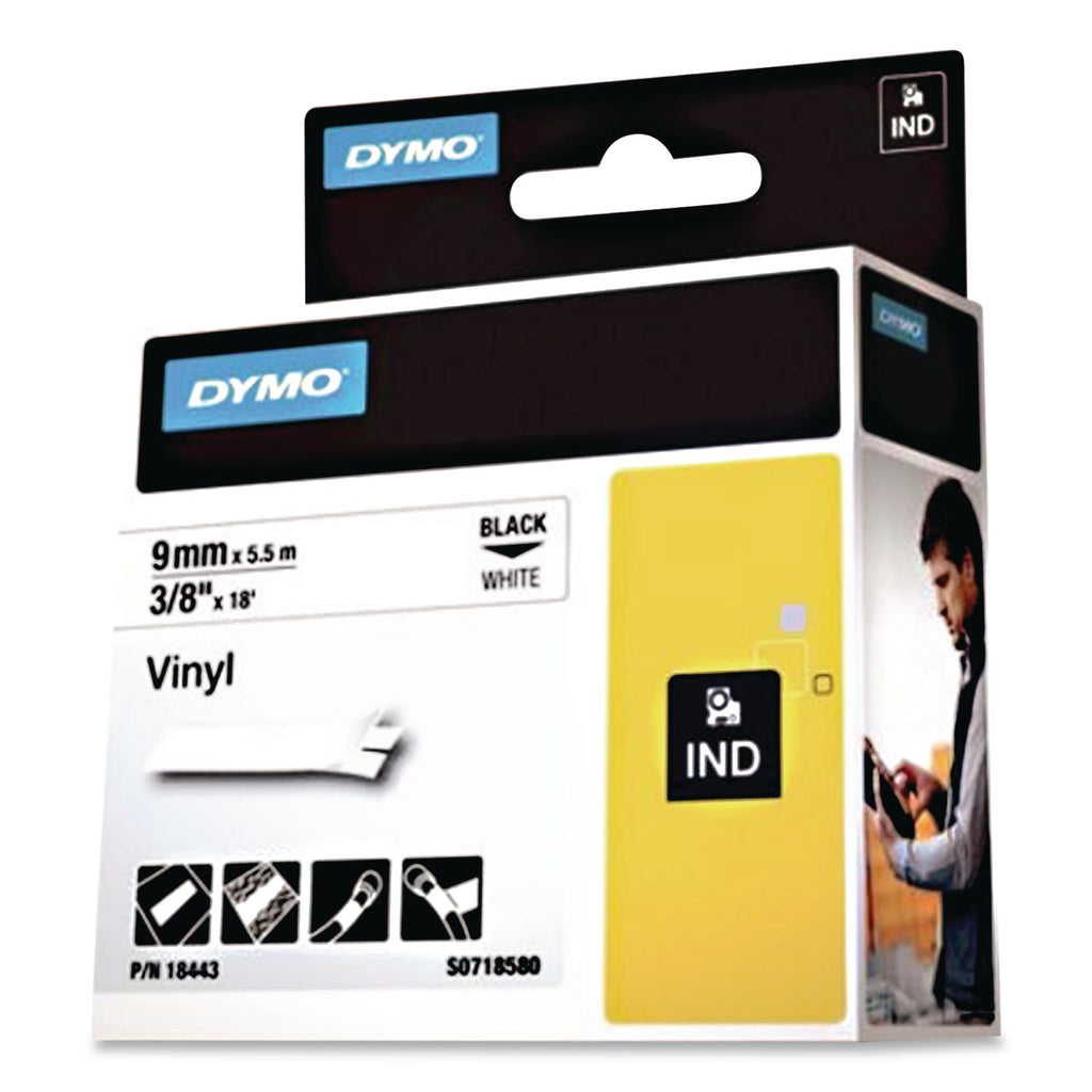 Rhino Permanent Vinyl Industrial Label Tape, 0.37" x 18 ft, White/Black Print