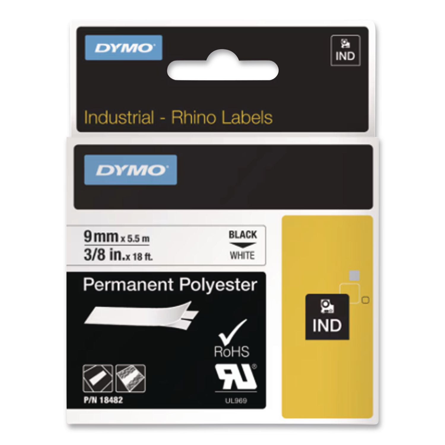 Rhino Permanent Poly Industrial Label Tape, 0.37" x 18 ft, White/Black Print