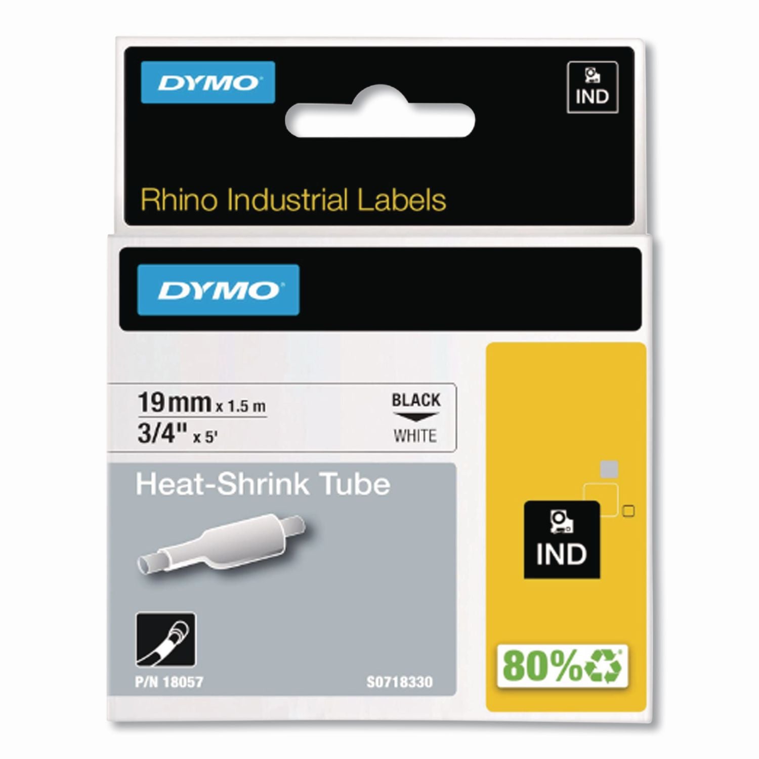 Rhino Heat Shrink Tubes Industrial Label Tape, 0.75" x 5 ft, White/Black Print