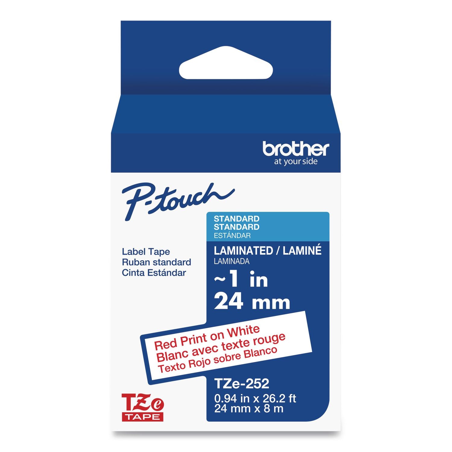 TZe Standard Adhesive Laminated Labeling Tape, 0.94" x 26.2 ft, Red on White
