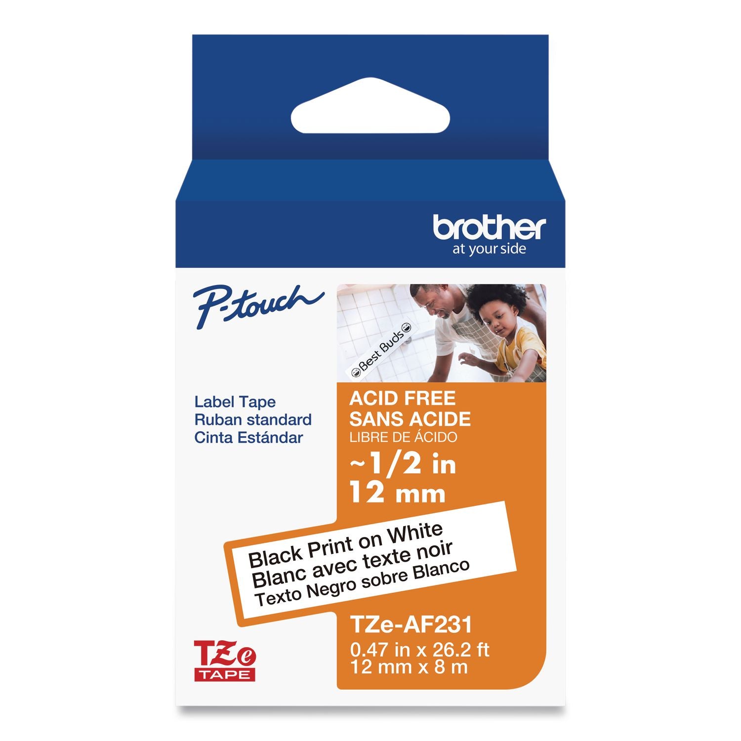 TZ Photo-Safe Tape Cartridge for P-Touch Labelers, 0.47" x 26.2 ft, Black on White