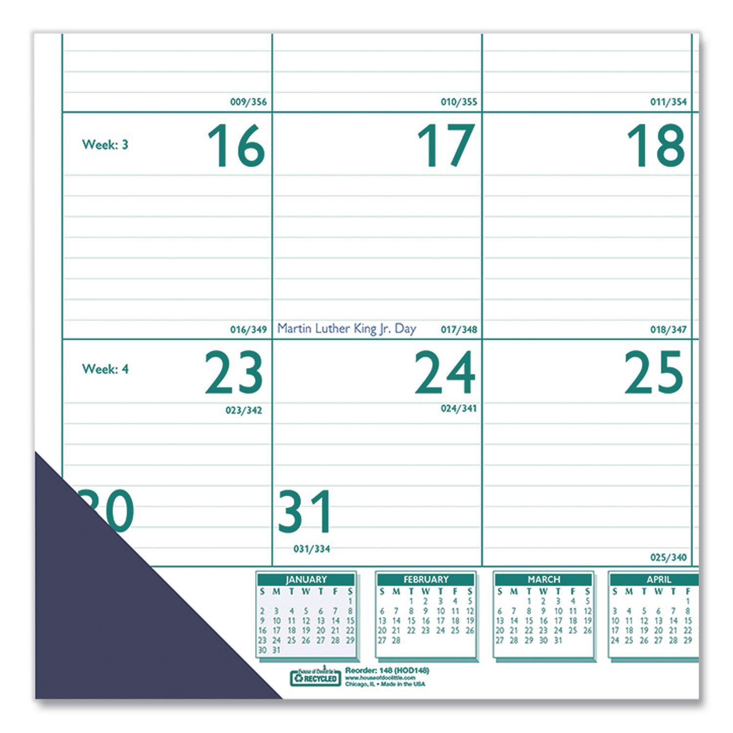 Express Track Monthly Desk Pad Calendar, 22 x 17, White/Teal Sheets, Teal Binding, Blue Corners, 13-Month(Jan-Jan): 2024-2025