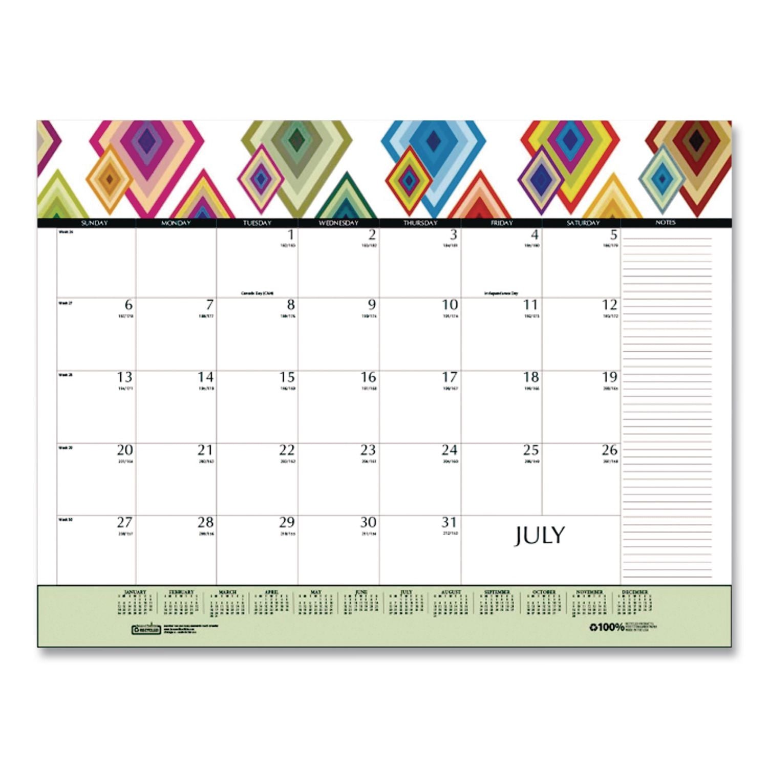 Recycled Desk Pad Calendar, Geometric Artwork, 22 x 17, White Sheets, Black Binding/Corners,12-Month (Jan to Dec): 2024