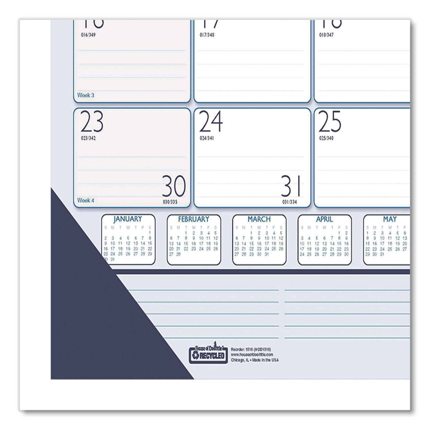 Recycled Contempo Desk Pad Calendar, 22 x 17, White/Blue Sheets, Blue Binding, Blue Corners, 12-Month (Jan to Dec): 2024