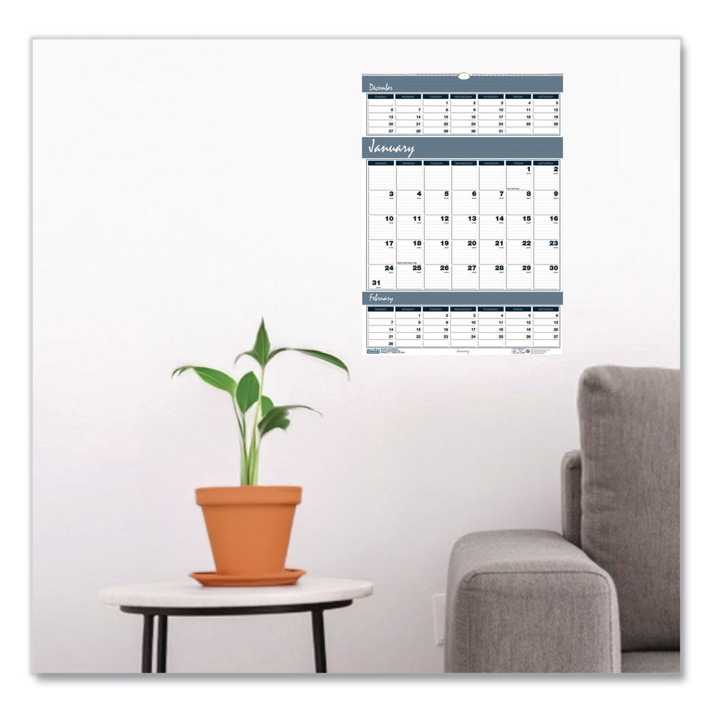 Bar Harbor Recycled Wirebound 3-Months-per-Page Wall Calendar, 12 x 17, White/Blue/Gray Sheets, 14-Month (Dec-Jan): 2023-2025