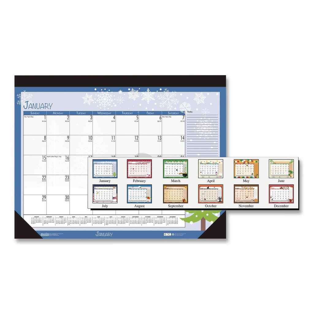 Recycled Desk Pad Calendar, Illustrated Seasons Artwork, 18.5 x 13, Black Binding/Corners,12-Month (Jan to Dec): 2024
