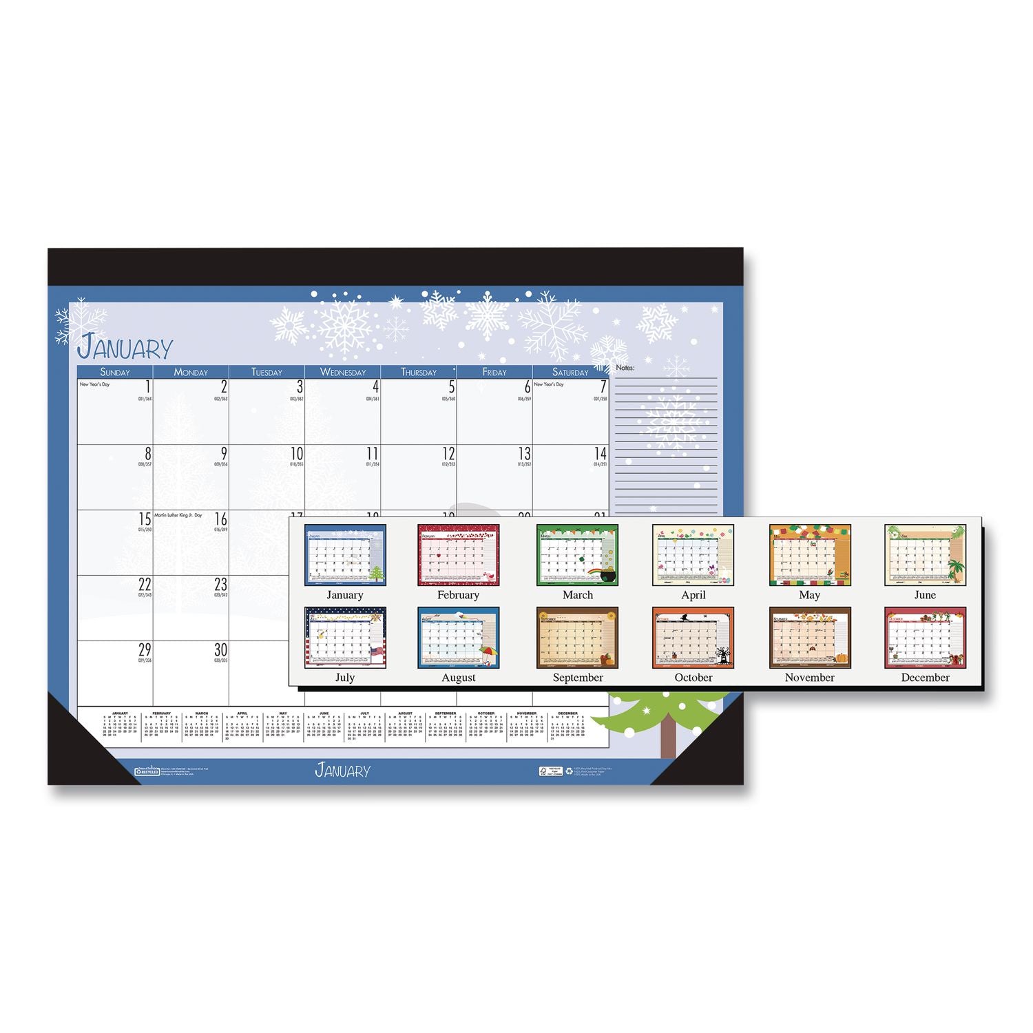 Recycled Desk Pad Calendar, Illustrated Seasons Artwork, 18.5 x 13, Black Binding/Corners,12-Month (Jan to Dec): 2024