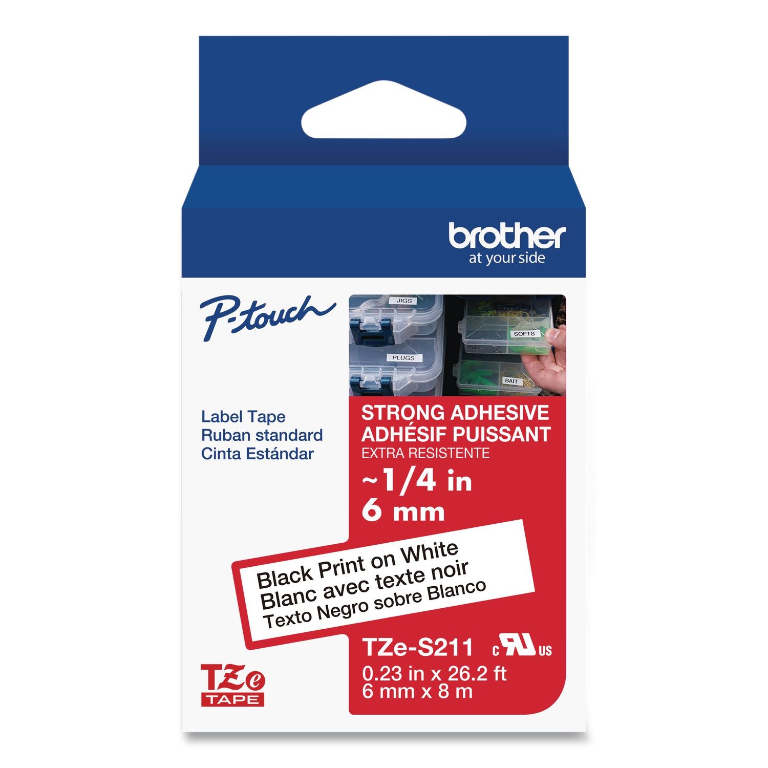 TZe Extra-Strength Adhesive Laminated Labeling Tape, 0.23" x 26.2 ft, Black on White