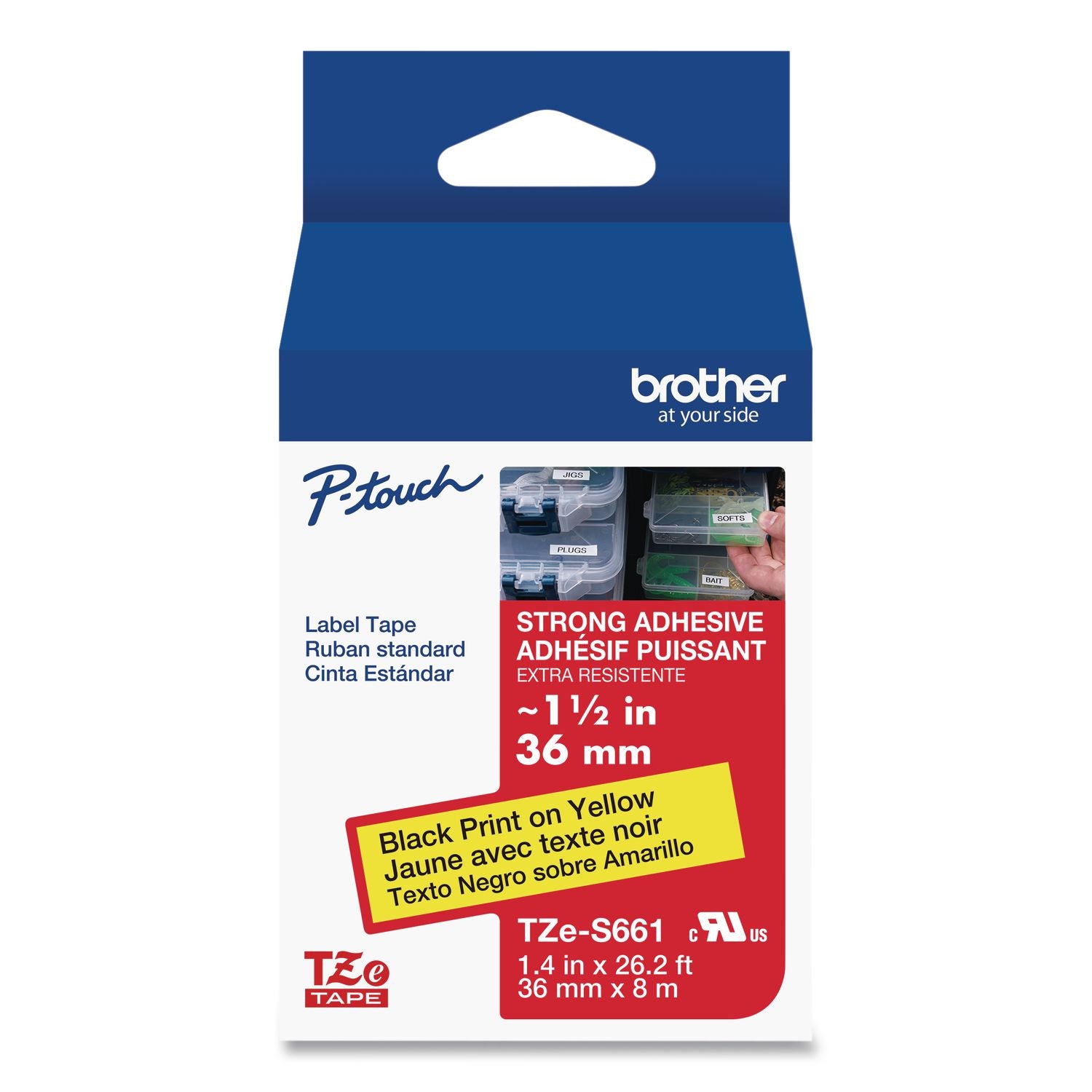 TZ Extra-Strength Adhesive Laminated Labeling Tape, 1.4" x 26.2 ft, Black on Yellow