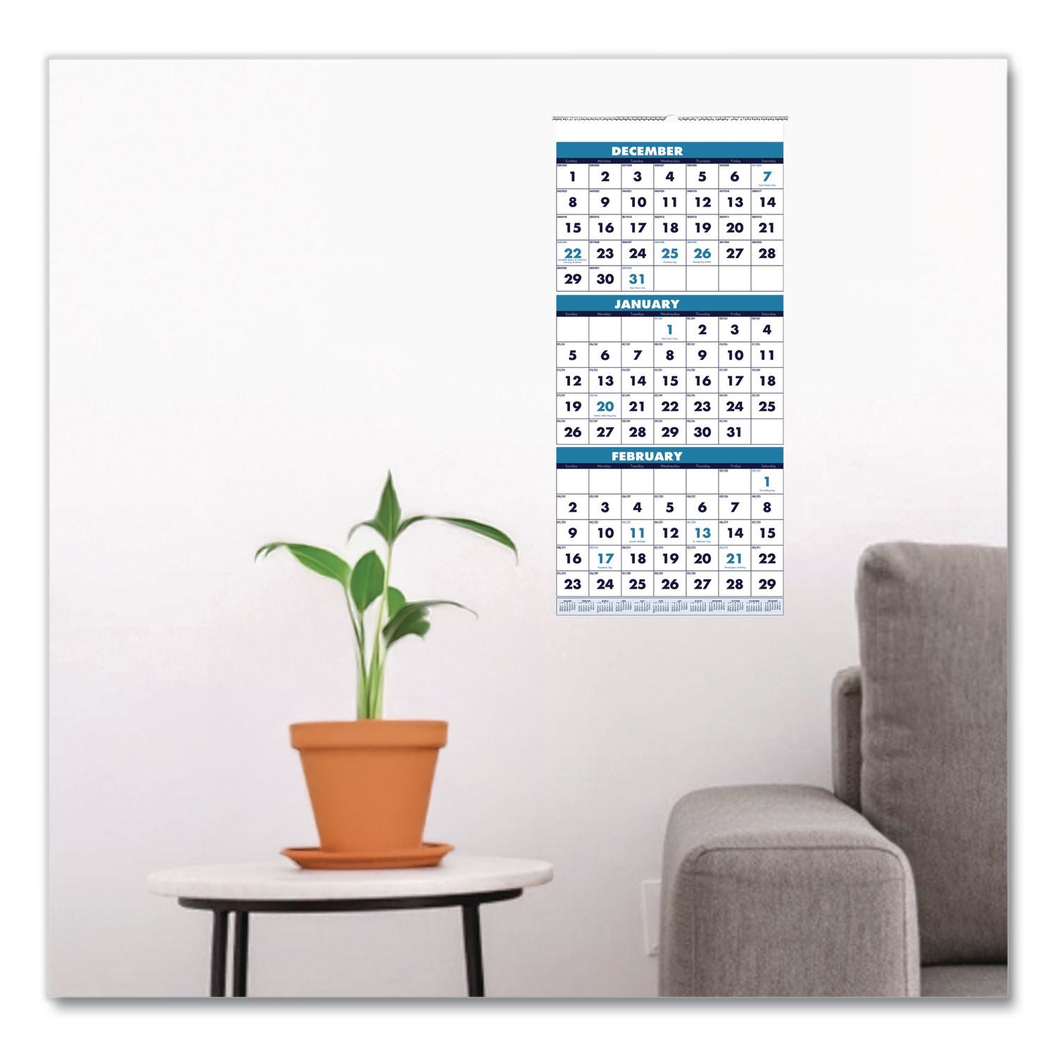 Recycled Three-Month Format Wall Calendar, Vertical Orientation, 8 x 17, White Sheets, 14-Month (Dec to Jan): 2023 to 2025