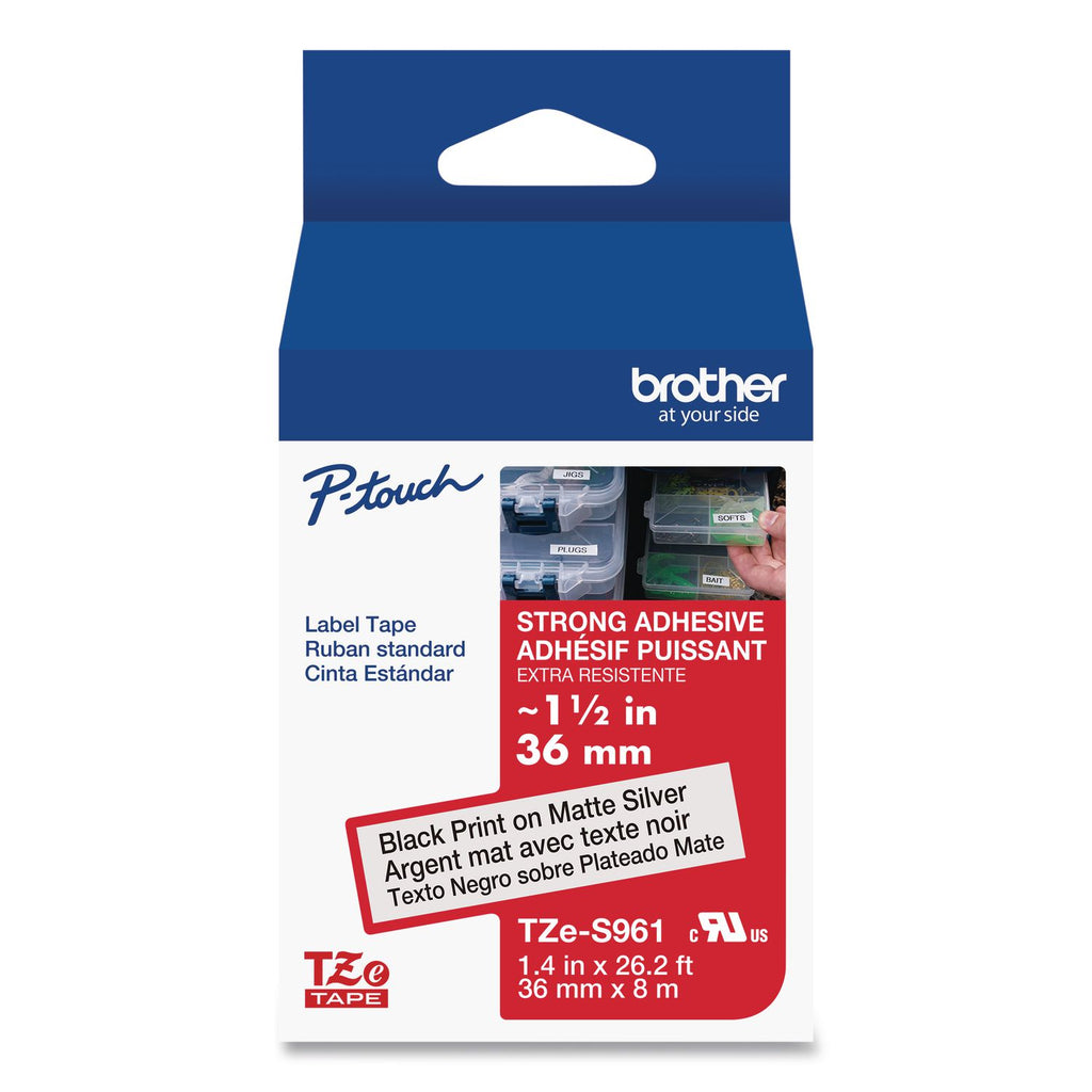 TZ Extra-Strength Adhesive Laminated Labeling Tape, 1.4" x 26.2 ft, Black on Matte Silver