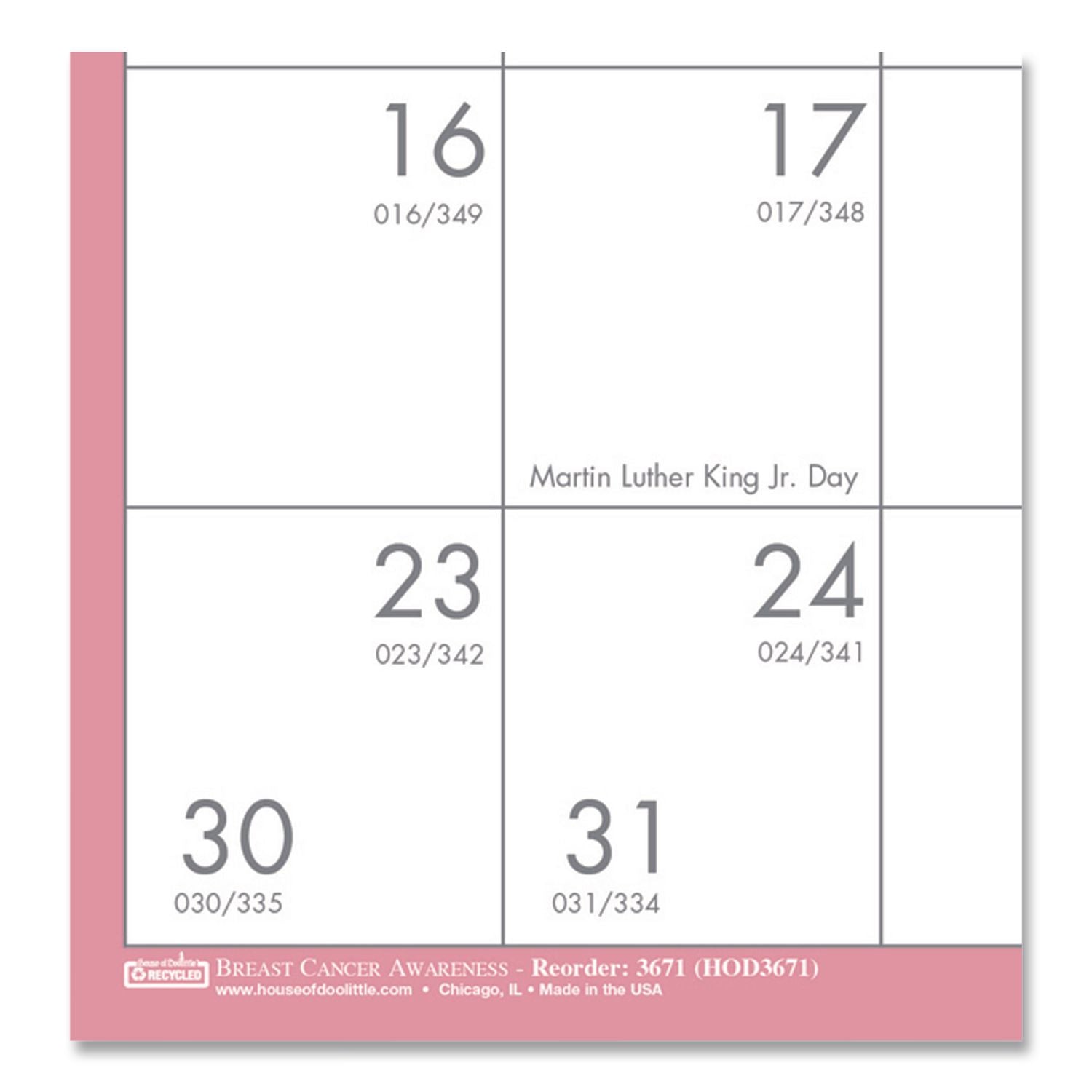Recycled Monthly Wall Calendar, Breast Cancer Awareness Artwork, 12 x 12, White/Pink/Gray Sheets, 12-Month (Jan-Dec): 2024