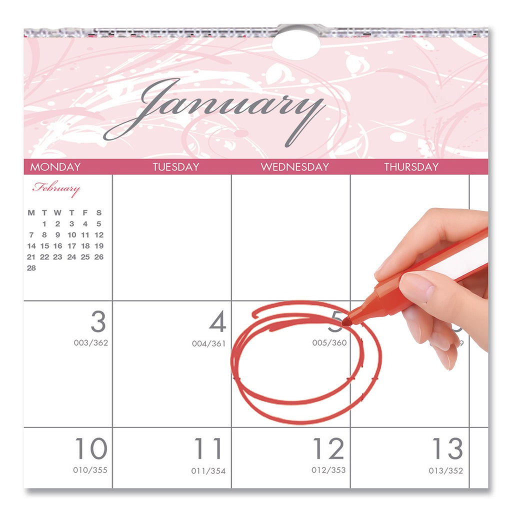 Recycled Monthly Wall Calendar, Breast Cancer Awareness Artwork, 12 x 12, White/Pink/Gray Sheets, 12-Month (Jan-Dec): 2024