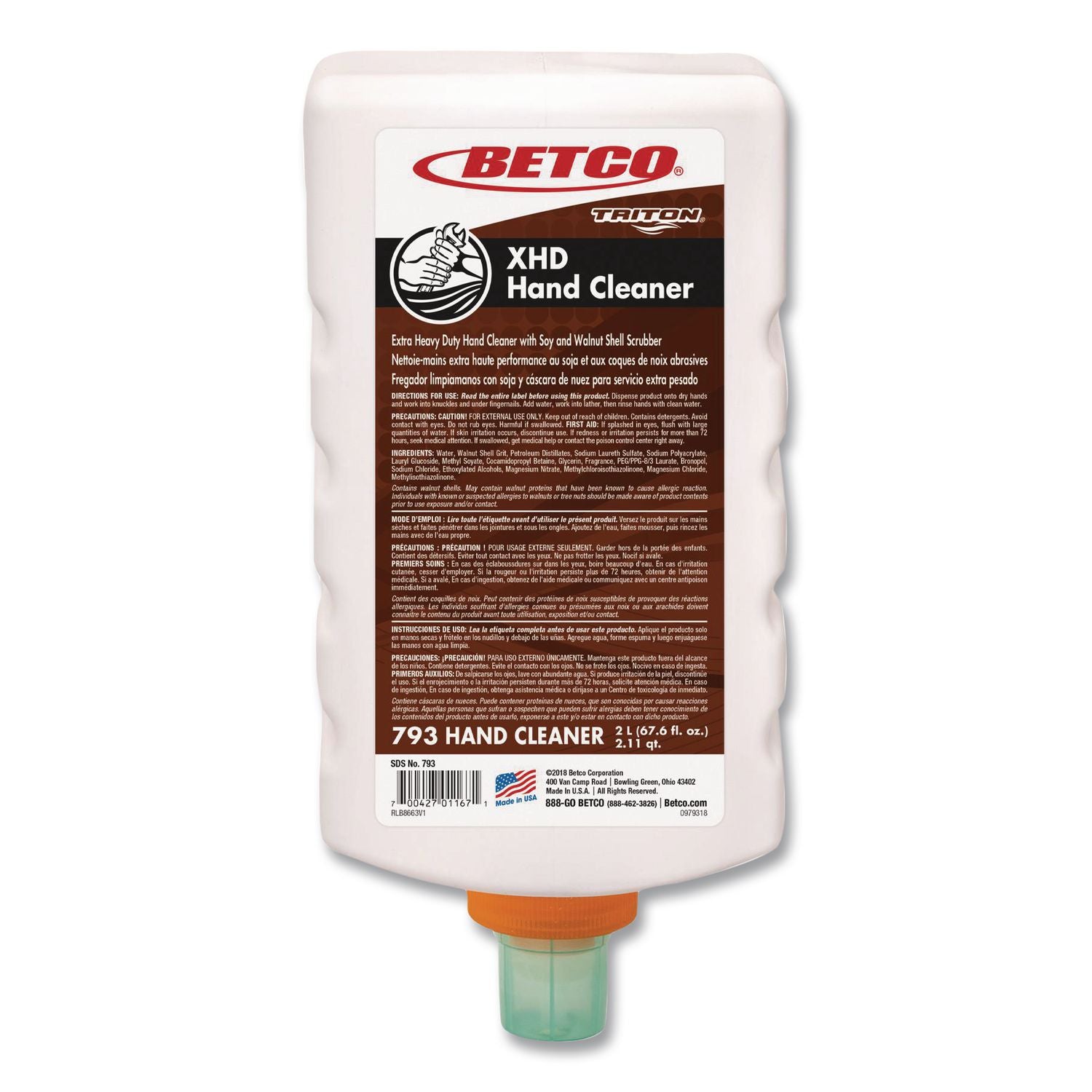Betco Xd-793 Lotion Hand Soap, Nutty Scent, 67.62 Oz, Carton Of 6 Bottles - 67.6 fl oz (1999.8 mL) - Bottle Dispenser - Grease Remover, Oil Remover, Carbon Remover, Tar Remover - Hand - Light Beige - Crack Resistant - 6 / Carton