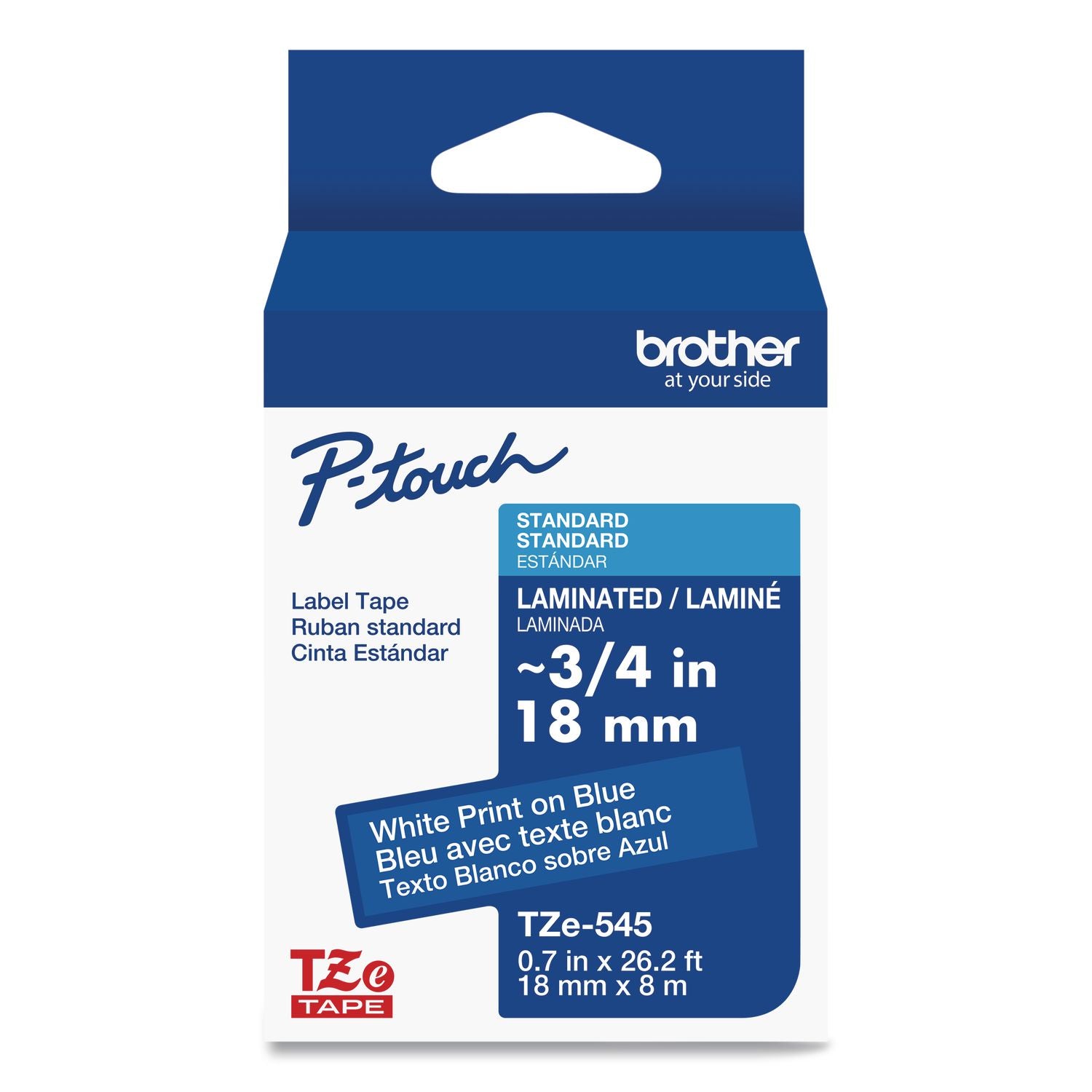TZe Standard Adhesive Laminated Labeling Tape, 0.7" x 26.2 ft, White on Blue