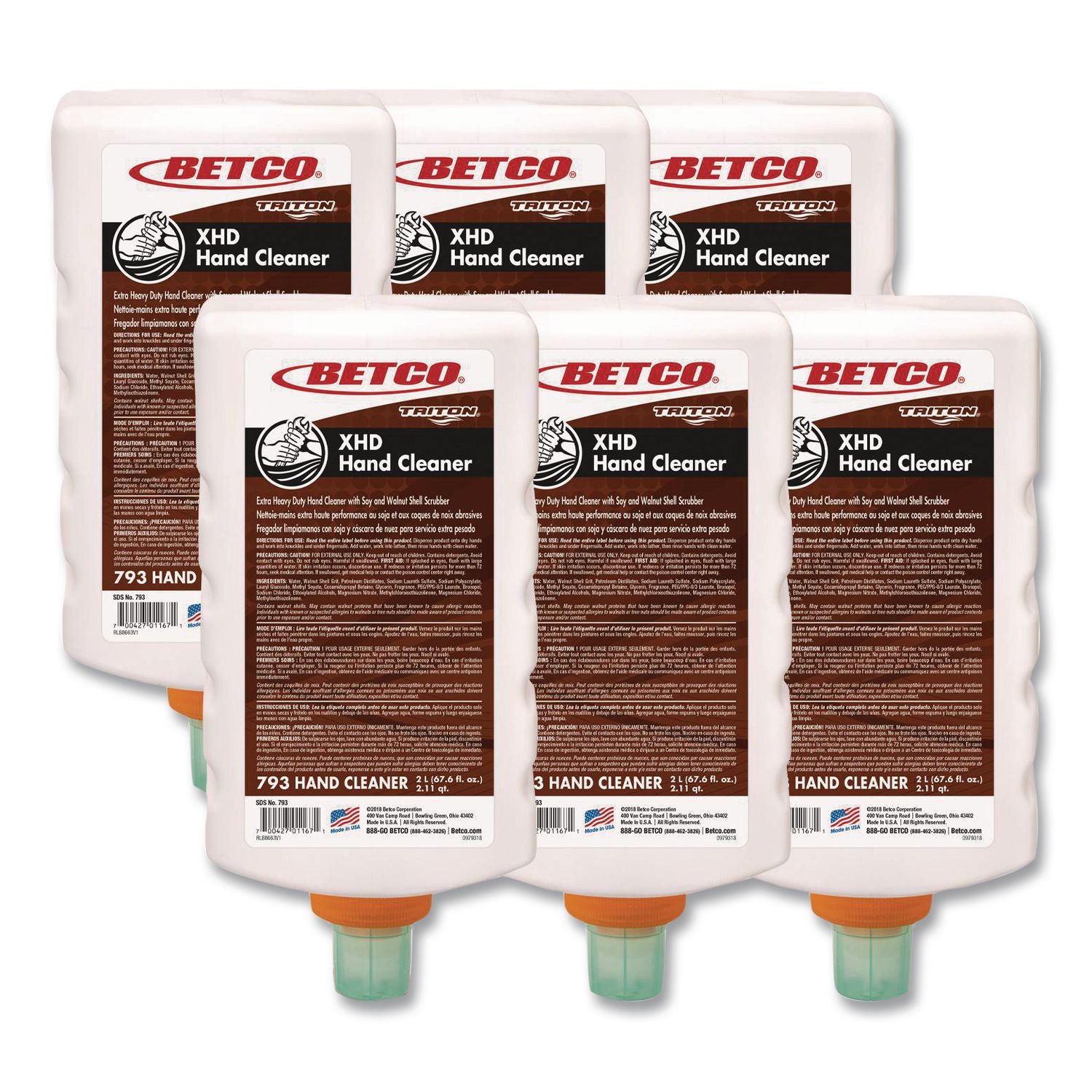 Betco Xd-793 Lotion Hand Soap, Nutty Scent, 67.62 Oz, Carton Of 6 Bottles - 67.6 fl oz (1999.8 mL) - Bottle Dispenser - Grease Remover, Oil Remover, Carbon Remover, Tar Remover - Hand - Light Beige - Crack Resistant - 6 / Carton