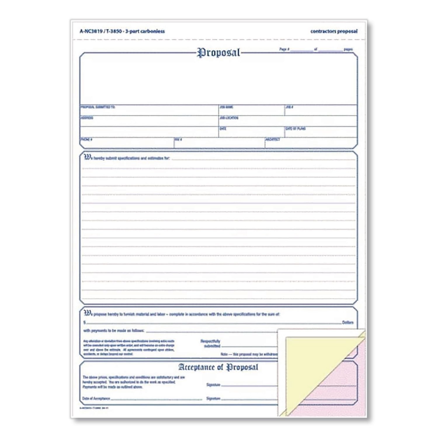 Contractor Proposal Form, Three-Part Carbonless, 8.5 x 11.44, 50 Forms Total