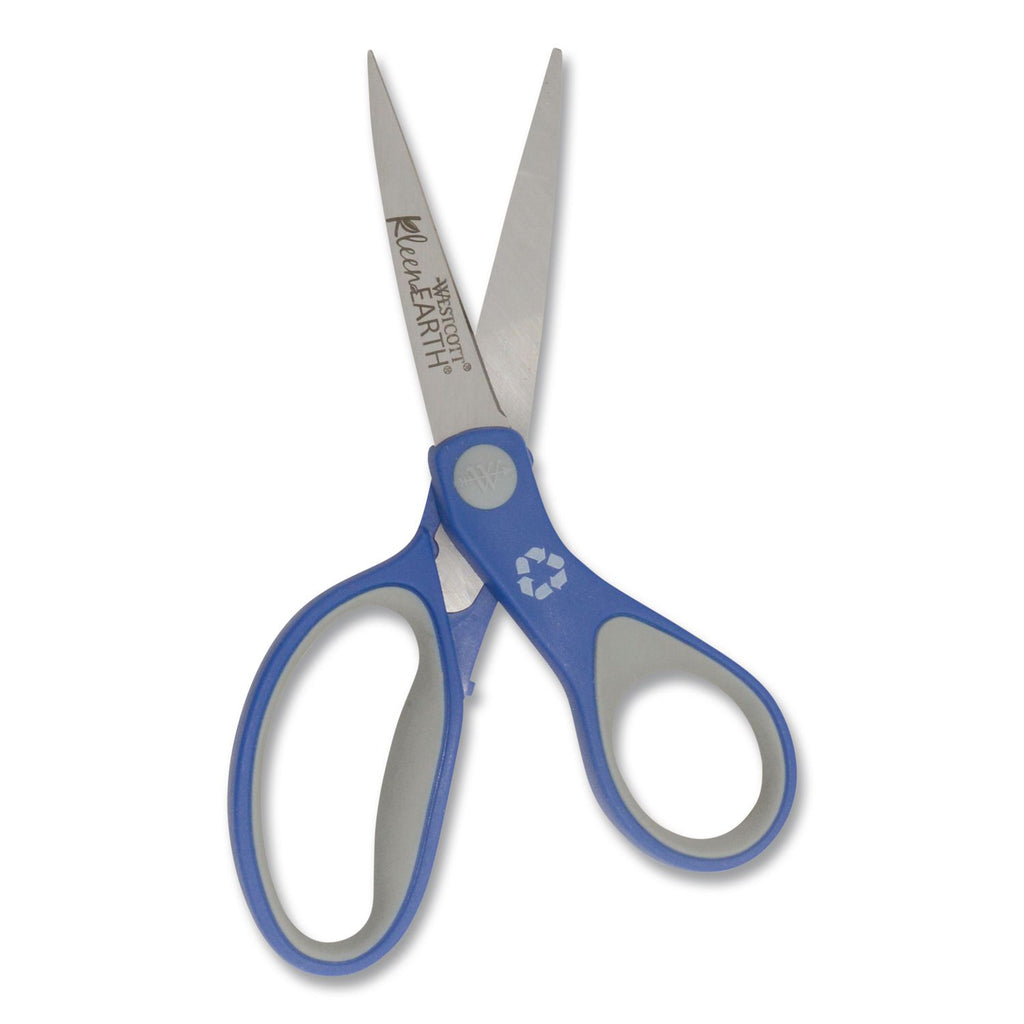 KleenEarth Soft Handle Scissors, Pointed Tip, 7" Long, 2.25" Cut Length, Blue/Gray Straight Handle