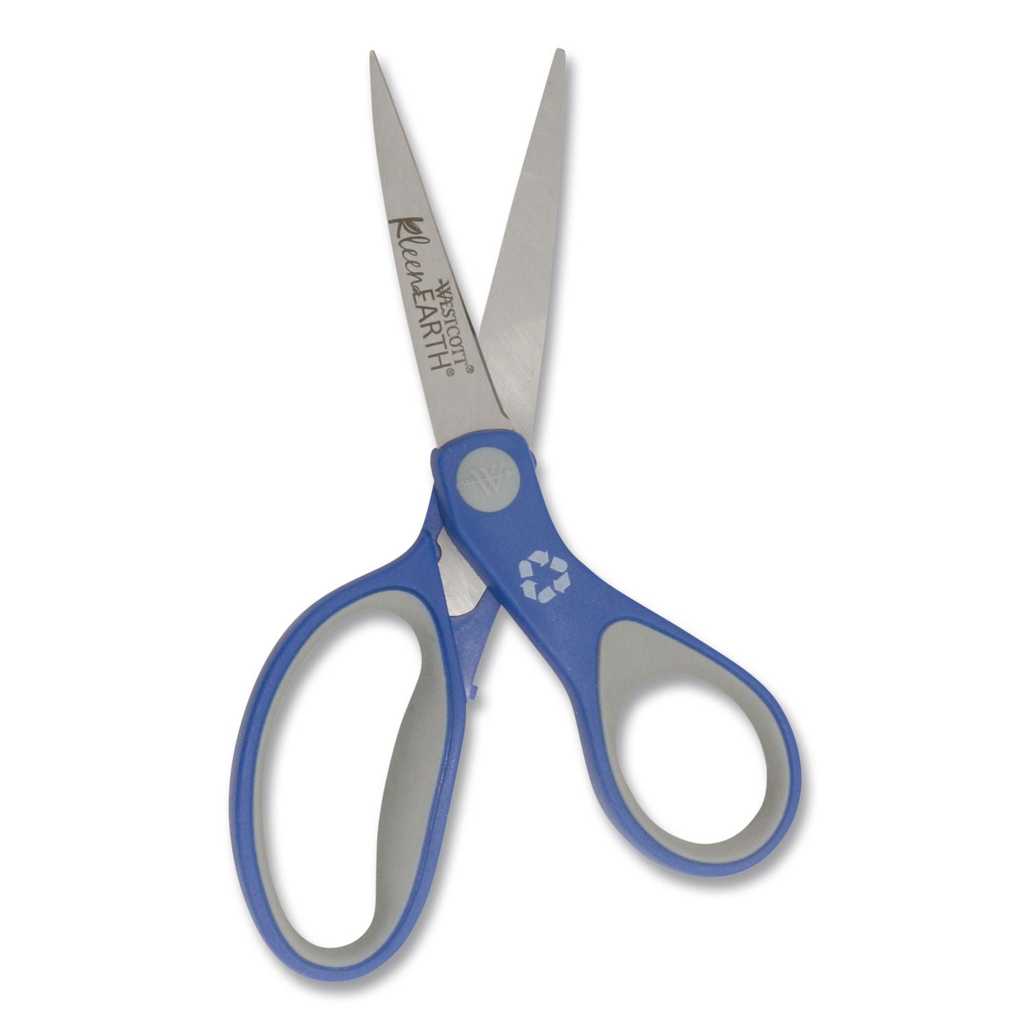 KleenEarth Soft Handle Scissors, Pointed Tip, 7" Long, 2.25" Cut Length, Blue/Gray Straight Handle