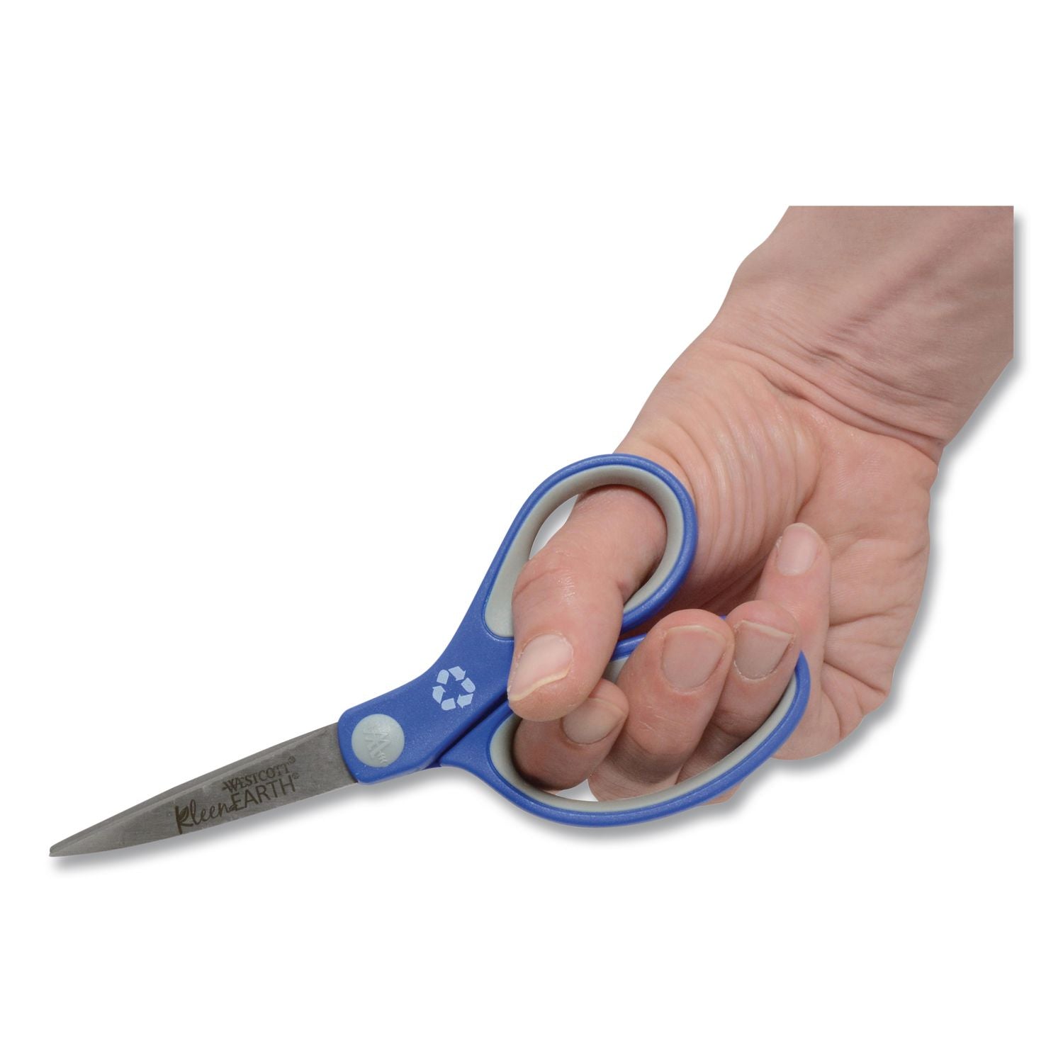 KleenEarth Soft Handle Scissors, Pointed Tip, 7" Long, 2.25" Cut Length, Blue/Gray Straight Handle