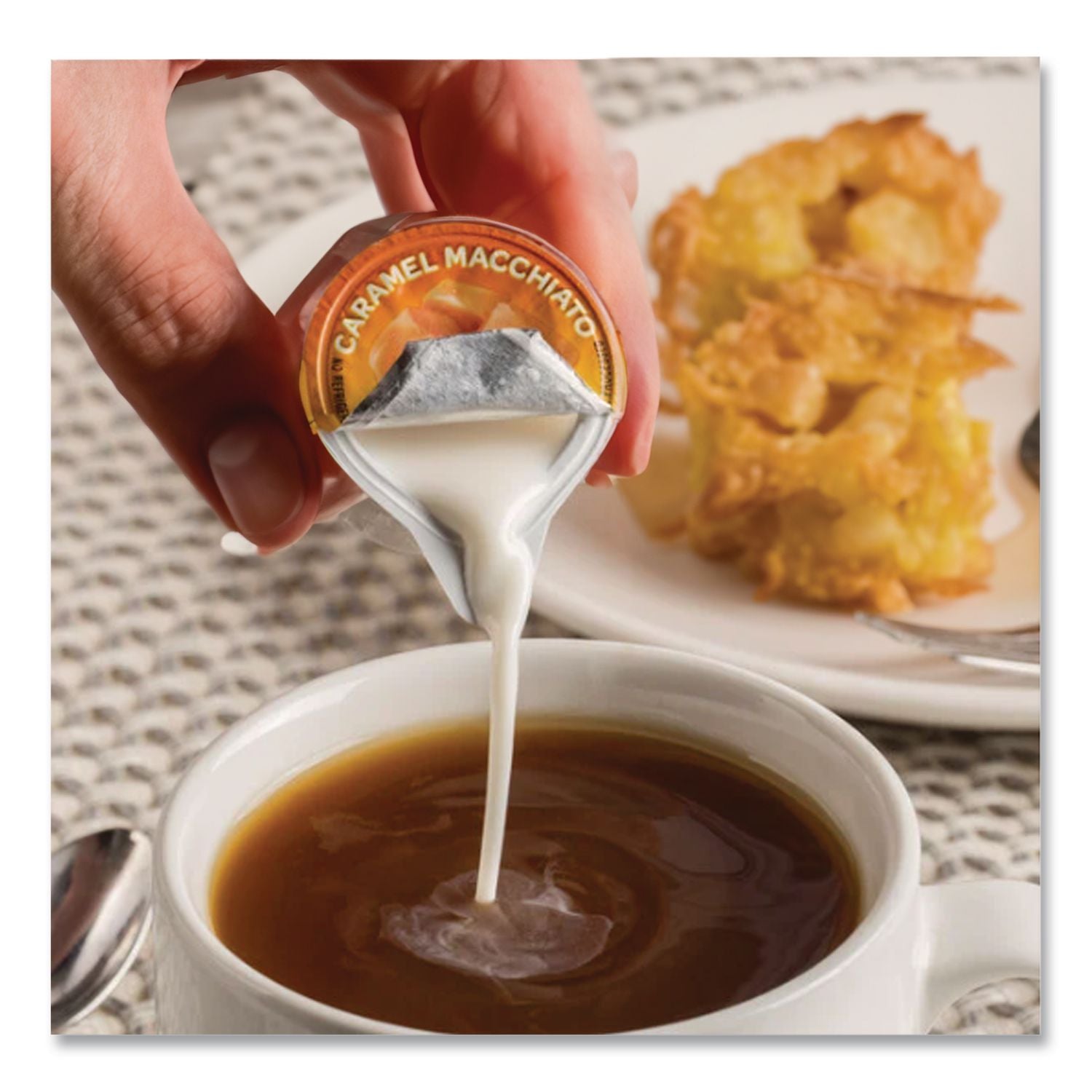 Flavored Liquid Non-Dairy Coffee Creamer, Caramel Macchiato, Mini Cups, 24/Box