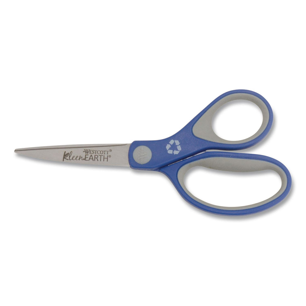 KleenEarth Soft Handle Scissors, Pointed Tip, 7" Long, 2.25" Cut Length, Blue/Gray Straight Handle