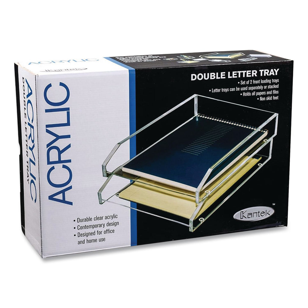 Clear Acrylic Letter Tray, 2 Sections, Letter Size Files, 10.5" x 13.75" x 2.5", Clear, 2/Pack