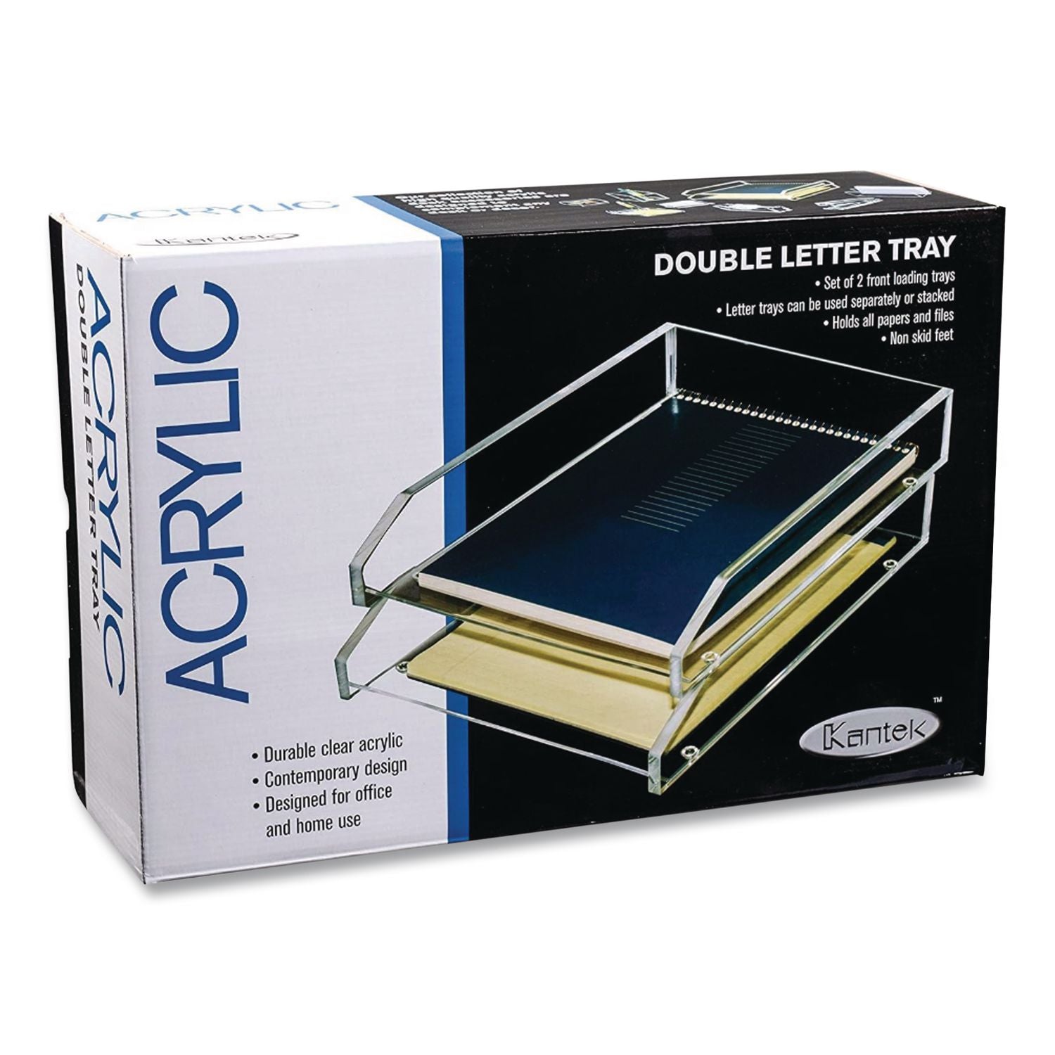 Clear Acrylic Letter Tray, 2 Sections, Letter Size Files, 10.5" x 13.75" x 2.5", Clear, 2/Pack