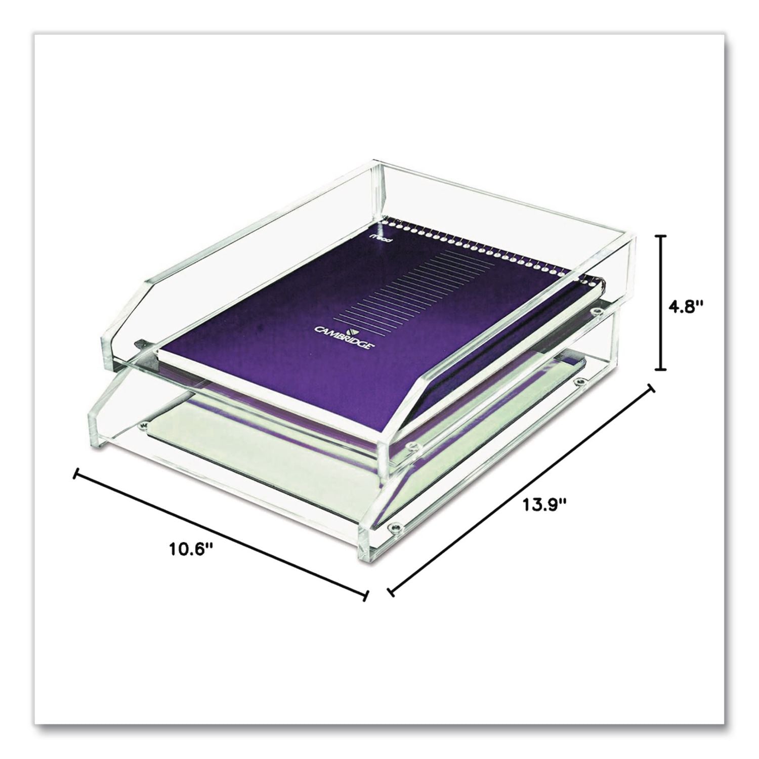 Clear Acrylic Letter Tray, 2 Sections, Letter Size Files, 10.5" x 13.75" x 2.5", Clear, 2/Pack