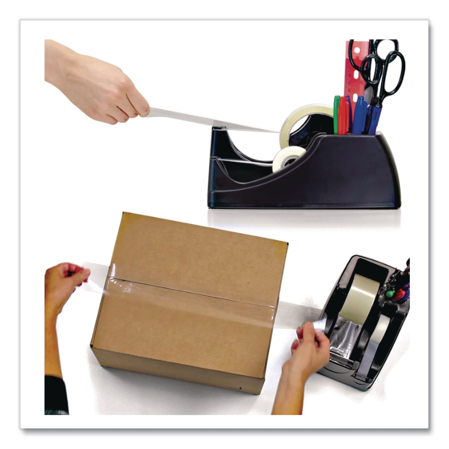 Recycled 2-in-1 Heavy Duty Tape Dispenser, 1" and 3" Cores, Plastic, Black