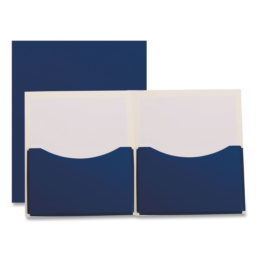 Double Stuff Gusseted 2-Pocket Laminated Paper Folder, 200-Sheet Capacity, 11 x 8.5, Navy, 20/Box