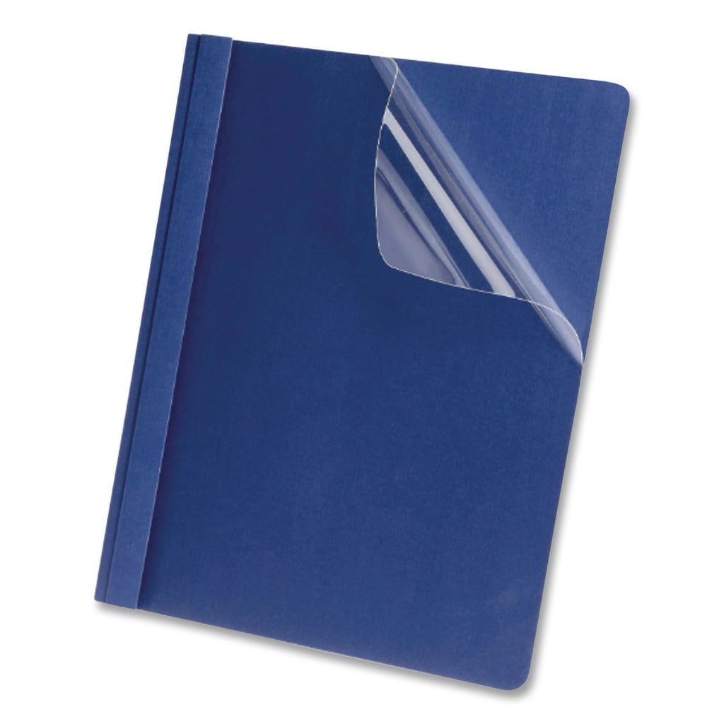 Clear Front Linen Report Cover, Three-Prong Fastener, 0.5" Capacity, 8.5 x 11, Clear/Navy, 25/Box