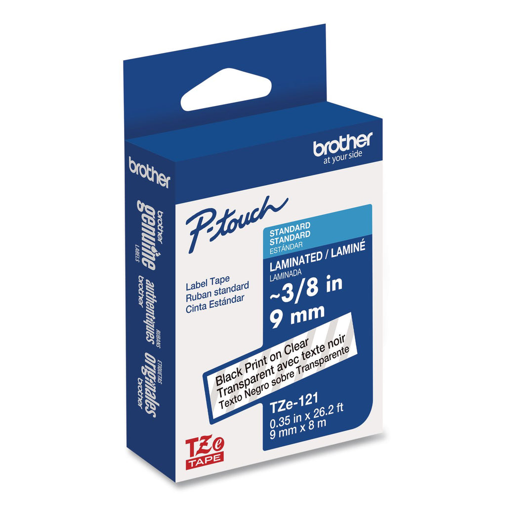 TZe Standard Adhesive Laminated Labeling Tape, 0.35" x 26.2 ft, Black on Clear