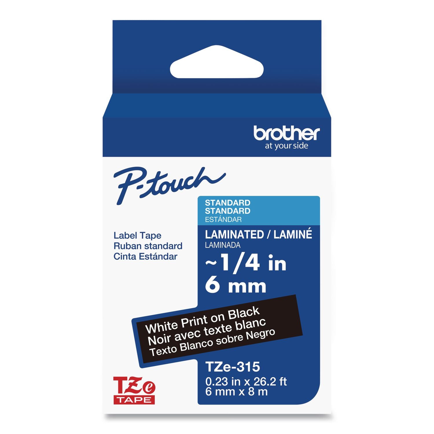 TZe Standard Adhesive Laminated Labeling Tape, 0.23" x 26.2 ft, White on Black