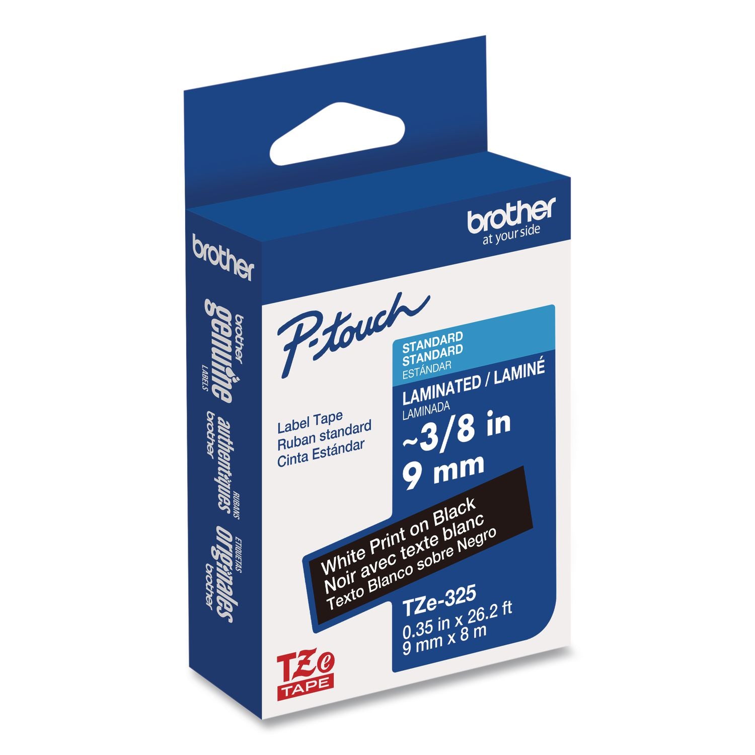 TZe Standard Adhesive Laminated Labeling Tape, 0.35" x 26.2 ft, White on Black
