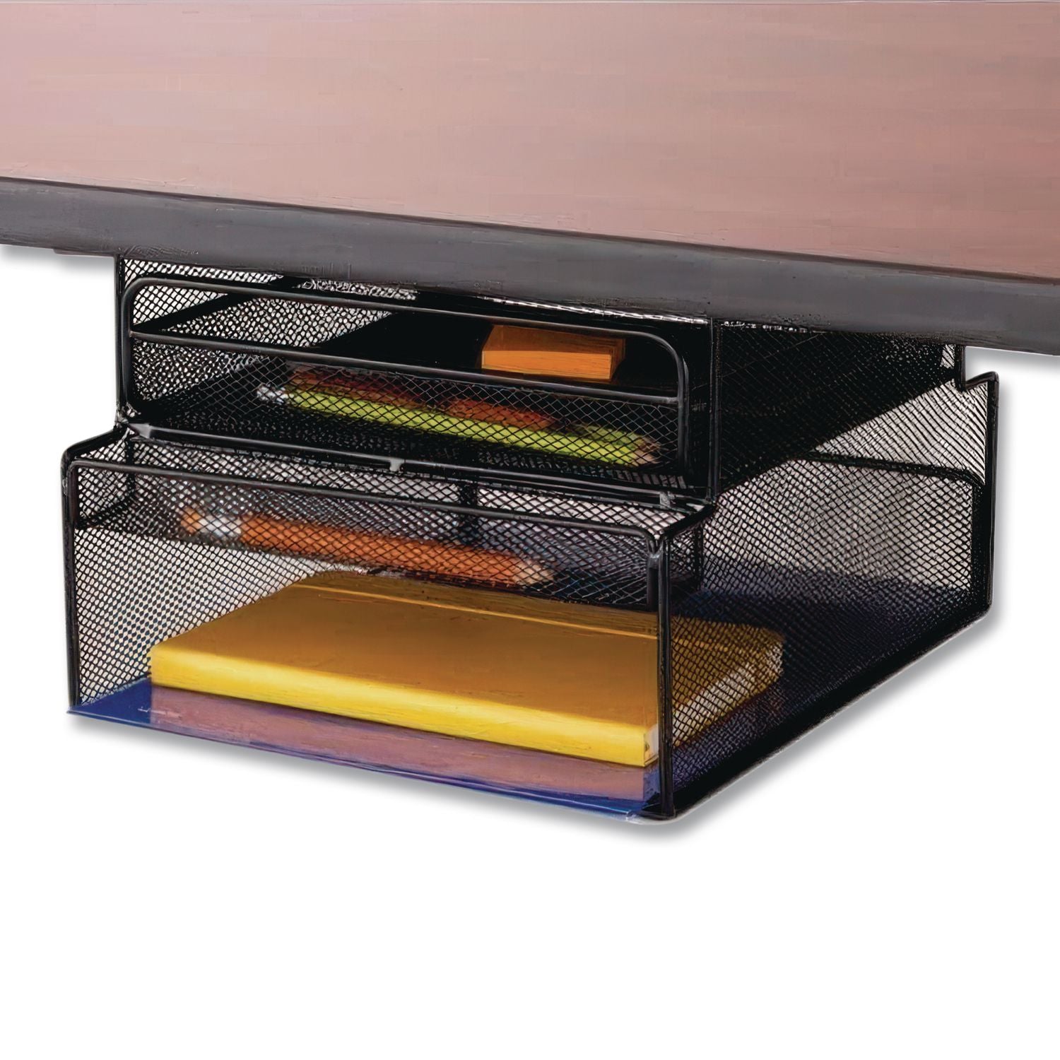 Onyx Hanging Organizer with Drawer, Under Desk Mount, 3 Compartments, Steel Mesh, 12.33 x 10 x 7.25, Black