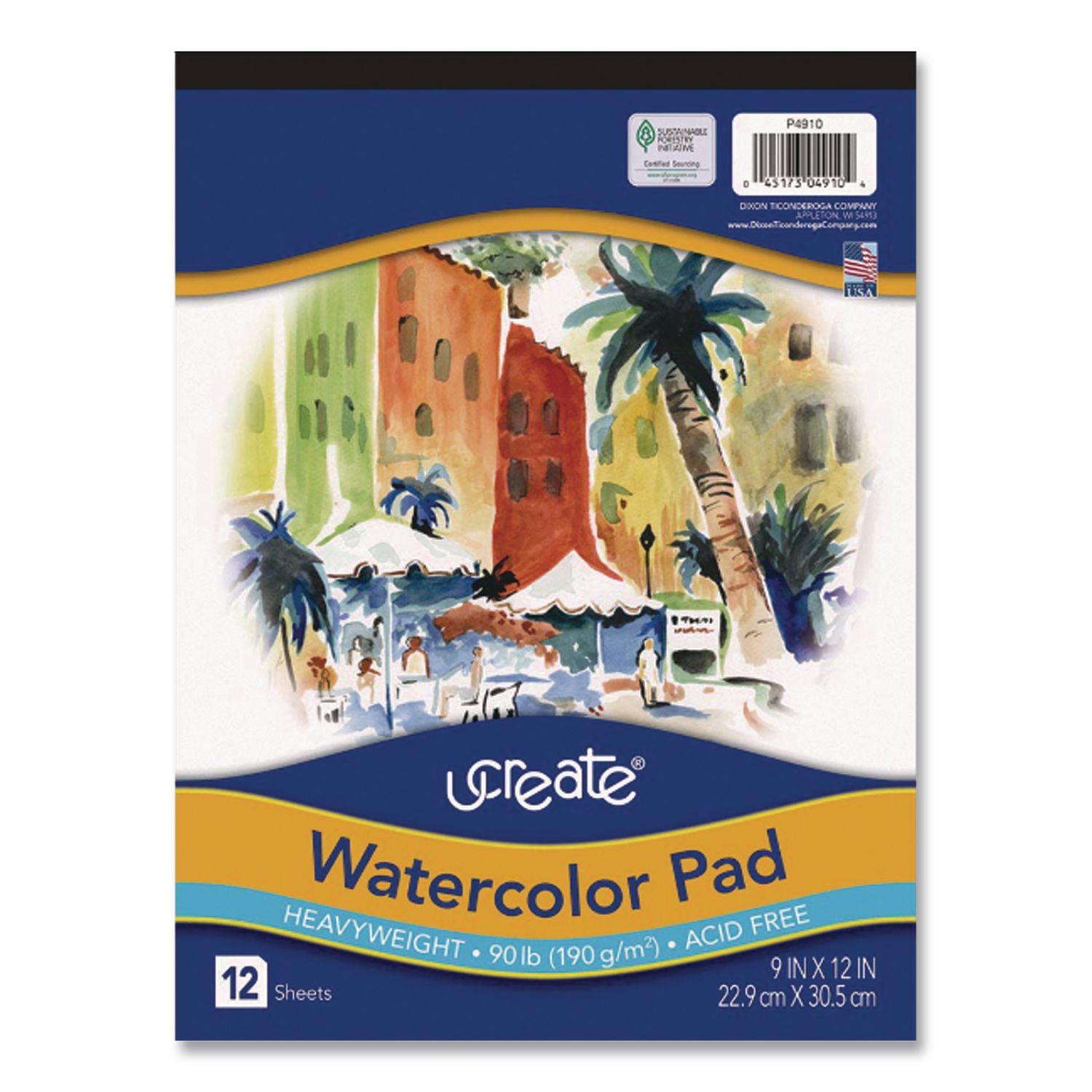 Artist Watercolor Paper Pad, Unruled, Yellow Cover, 12 White 9 x 12 Sheets