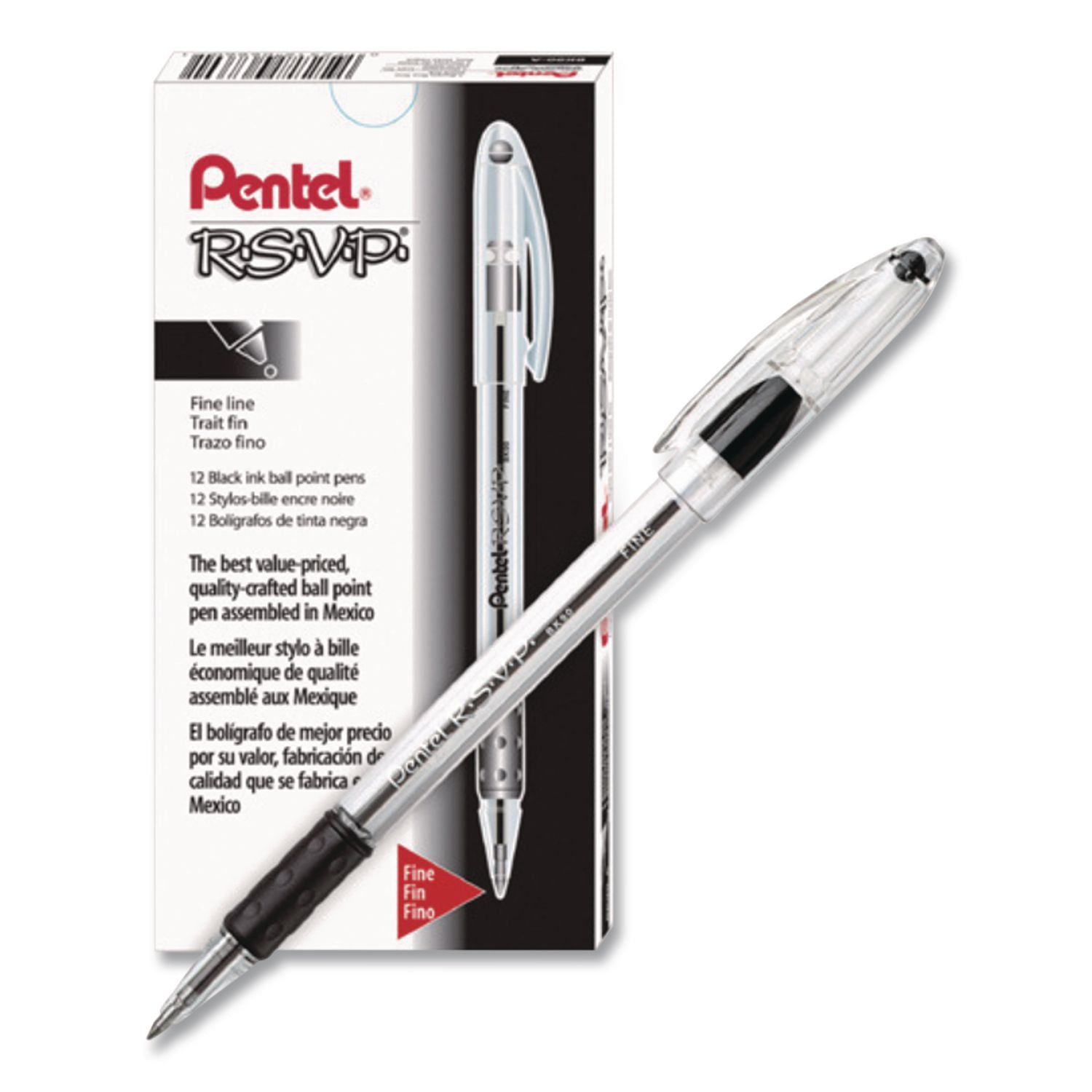 R.S.V.P. Ballpoint Pen, Stick, Fine 0.7 mm, Black Ink, Clear/Black Barrel, Dozen
