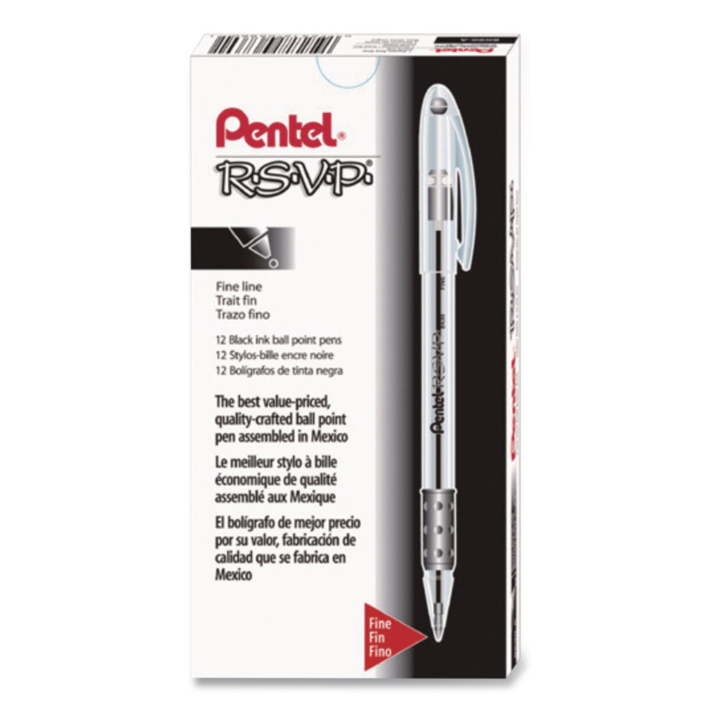R.S.V.P. Ballpoint Pen, Stick, Fine 0.7 mm, Black Ink, Clear/Black Barrel, Dozen