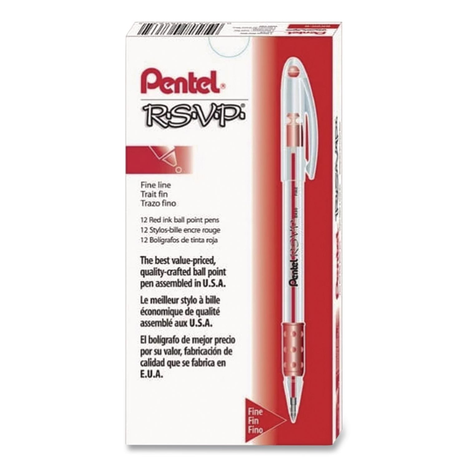 R.S.V.P. Ballpoint Pen, Stick, Fine 0.7 mm, Red Ink, Clear/Red Barrel, Dozen