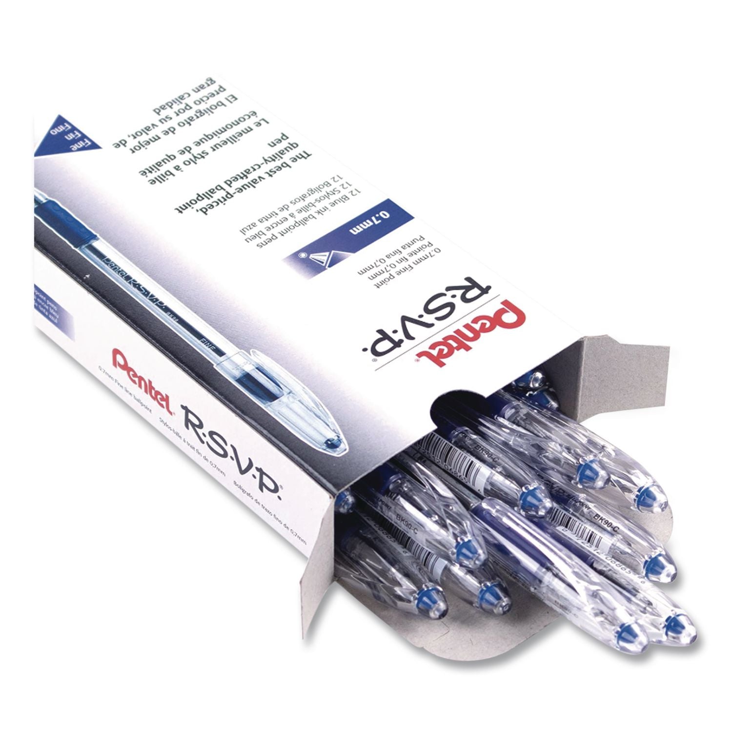 R.S.V.P. Ballpoint Pen, Stick, Fine 0.7 mm, Blue Ink, Clear/Blue Barrel, Dozen
