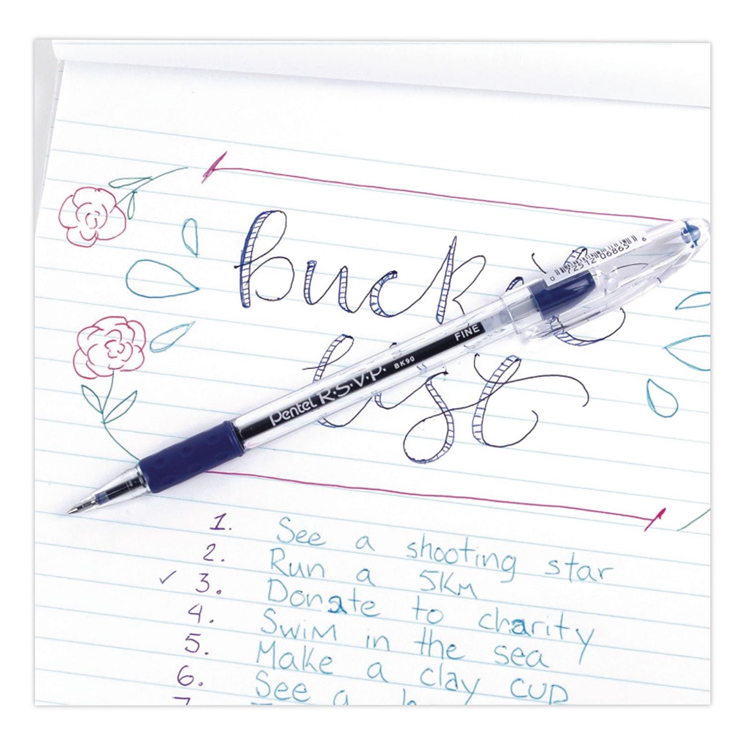 R.S.V.P. Ballpoint Pen, Stick, Fine 0.7 mm, Blue Ink, Clear/Blue Barrel, Dozen