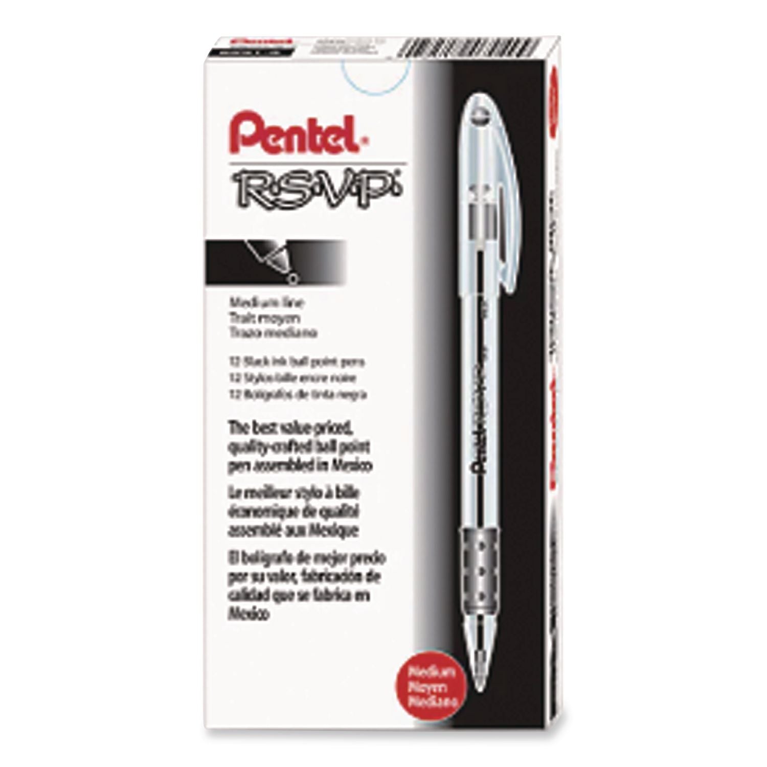 R.S.V.P. Ballpoint Pen, Stick, Medium 1 mm, Black Ink, Clear/Black Barrel, Dozen