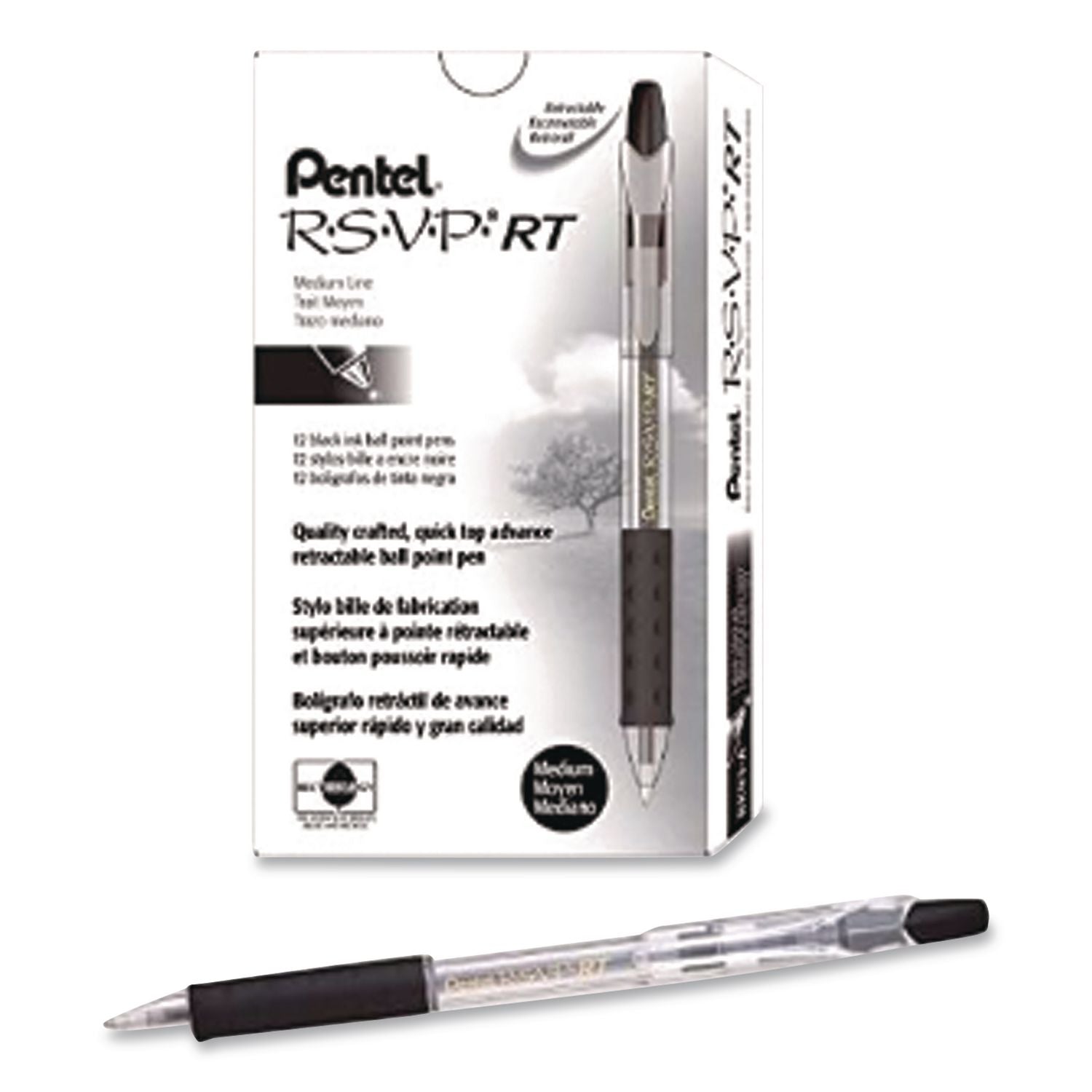 R.S.V.P. RT Ballpoint Pen, Retractable, Medium 1 mm, Black Ink, Clear Barrel, Dozen