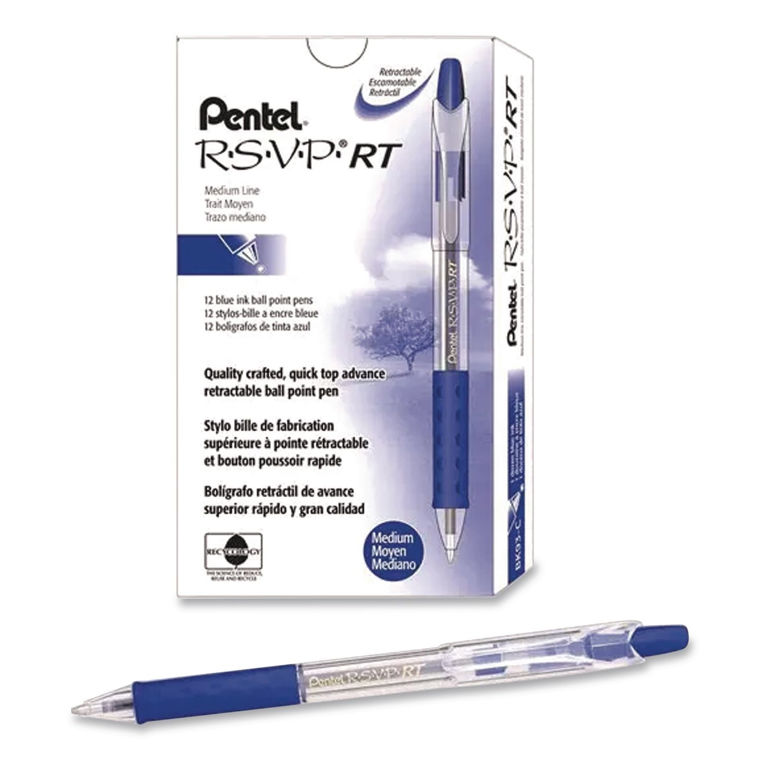 R.S.V.P. RT Ballpoint Pen, Retractable, Medium 1 mm, Blue Ink, Clear Barrel, Dozen
