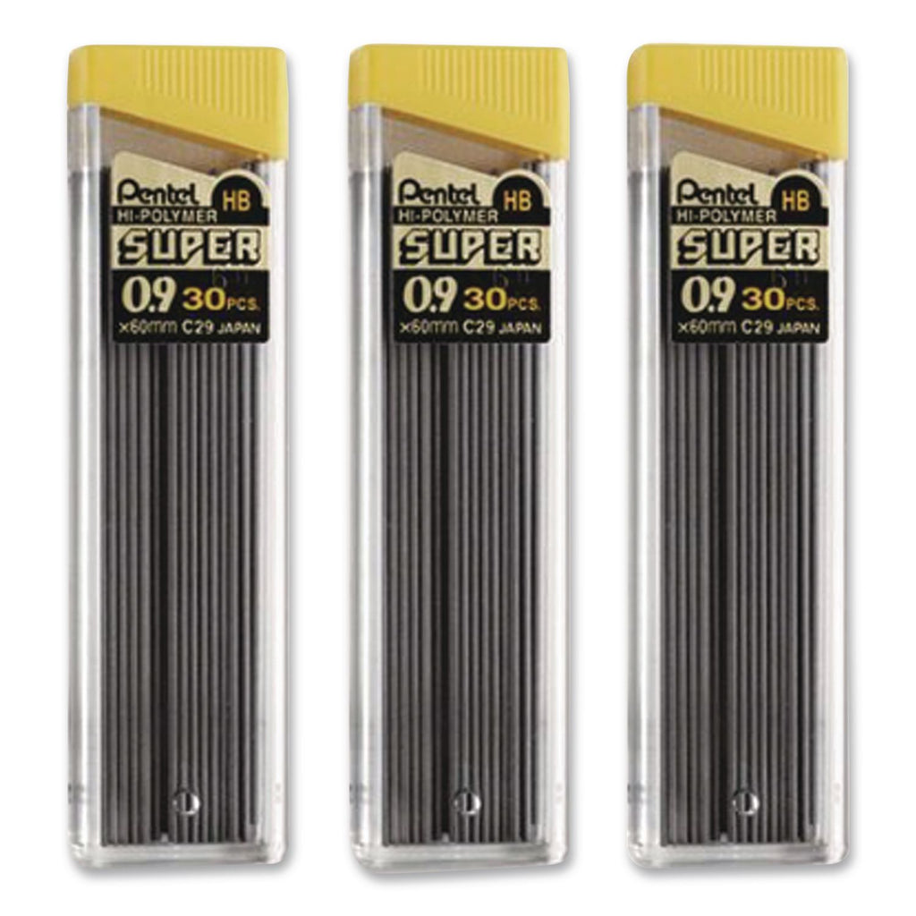 Super Hi-Polymer Lead Refills, 0.9 mm, HB, Black, 30/Tube, 3 Tubes/Pack