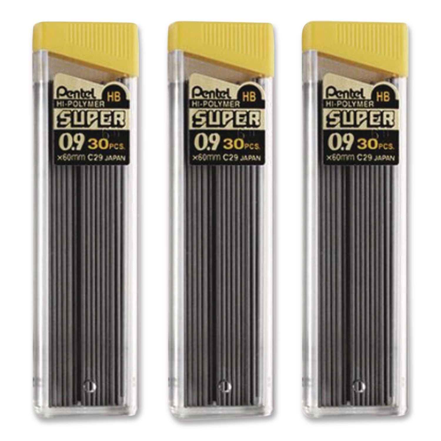 Super Hi-Polymer Lead Refills, 0.9 mm, HB, Black, 30/Tube, 3 Tubes/Pack