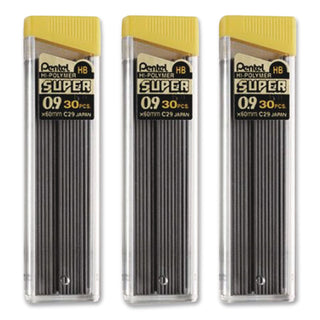 Super Hi-Polymer Lead Refills, 0.9 mm, HB, Black, 30/Tube, 3 Tubes/Pack