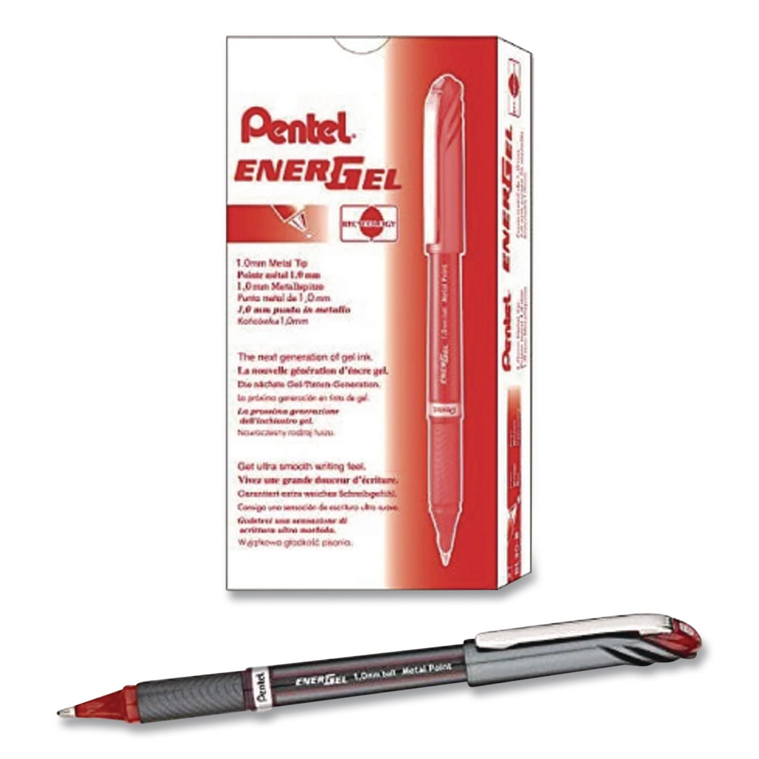 EnerGel NV Gel Pen, Stick, Bold 1 mm, Red Ink, Gray/Red Barrel, Dozen