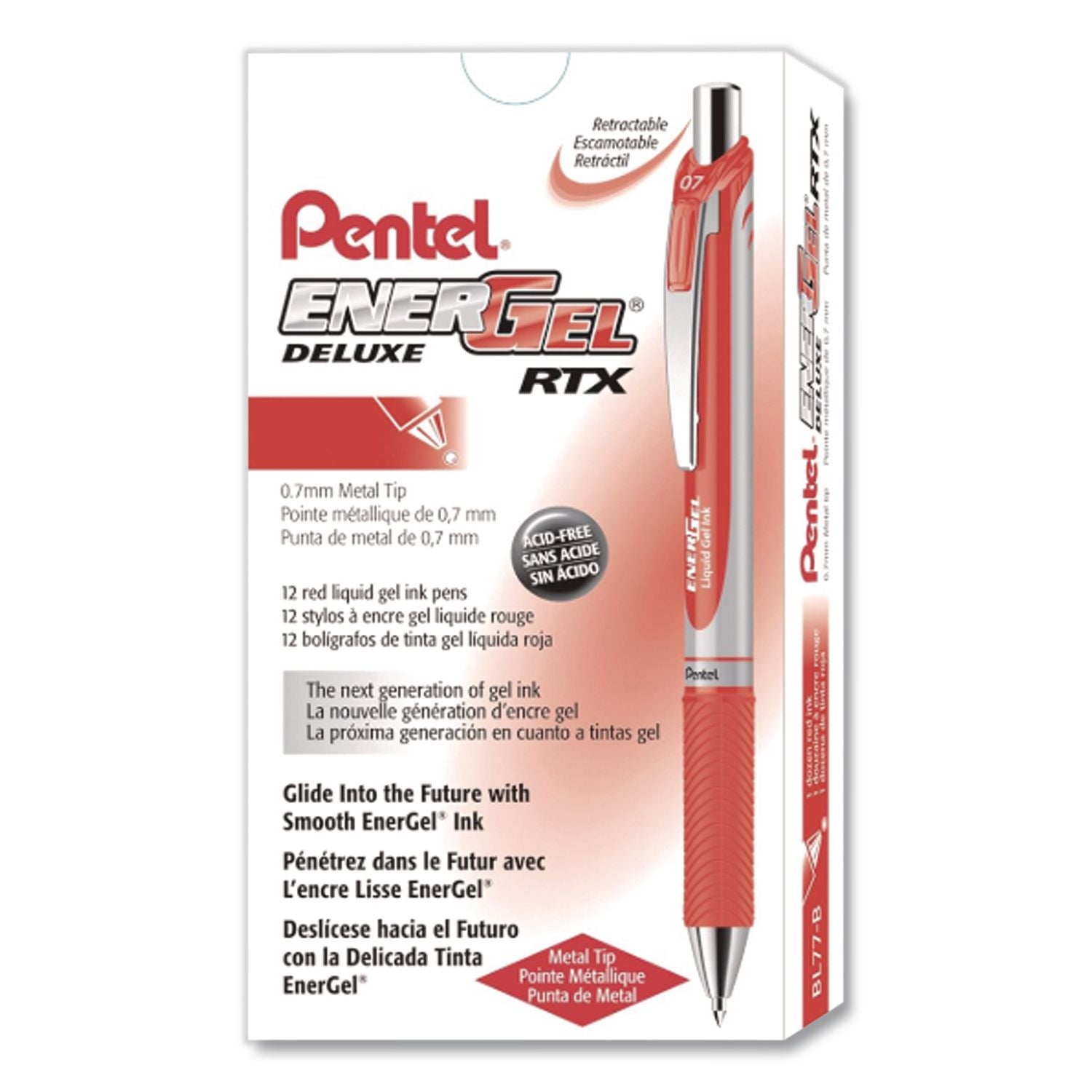 EnerGel RTX Gel Pen, Retractable, Medium 0.7 mm, Red Ink, Red/Gray Barrel